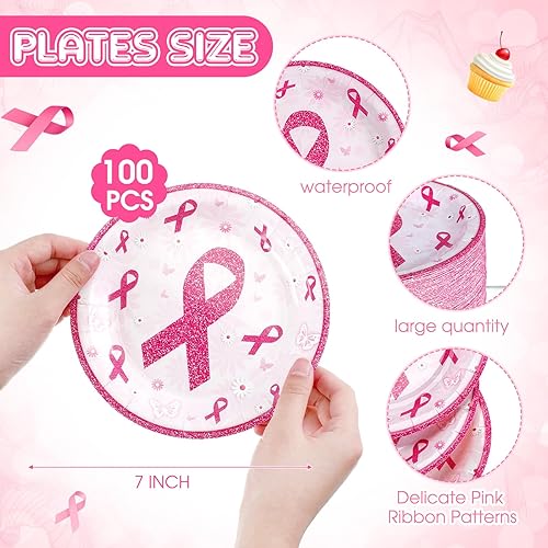Miniatura 3 de 100 platos de papel de concientización sobre el cáncer de mama de 7 pulgadas, platos desechables rosados, redondos, decoraciones de cáncer de mama,
