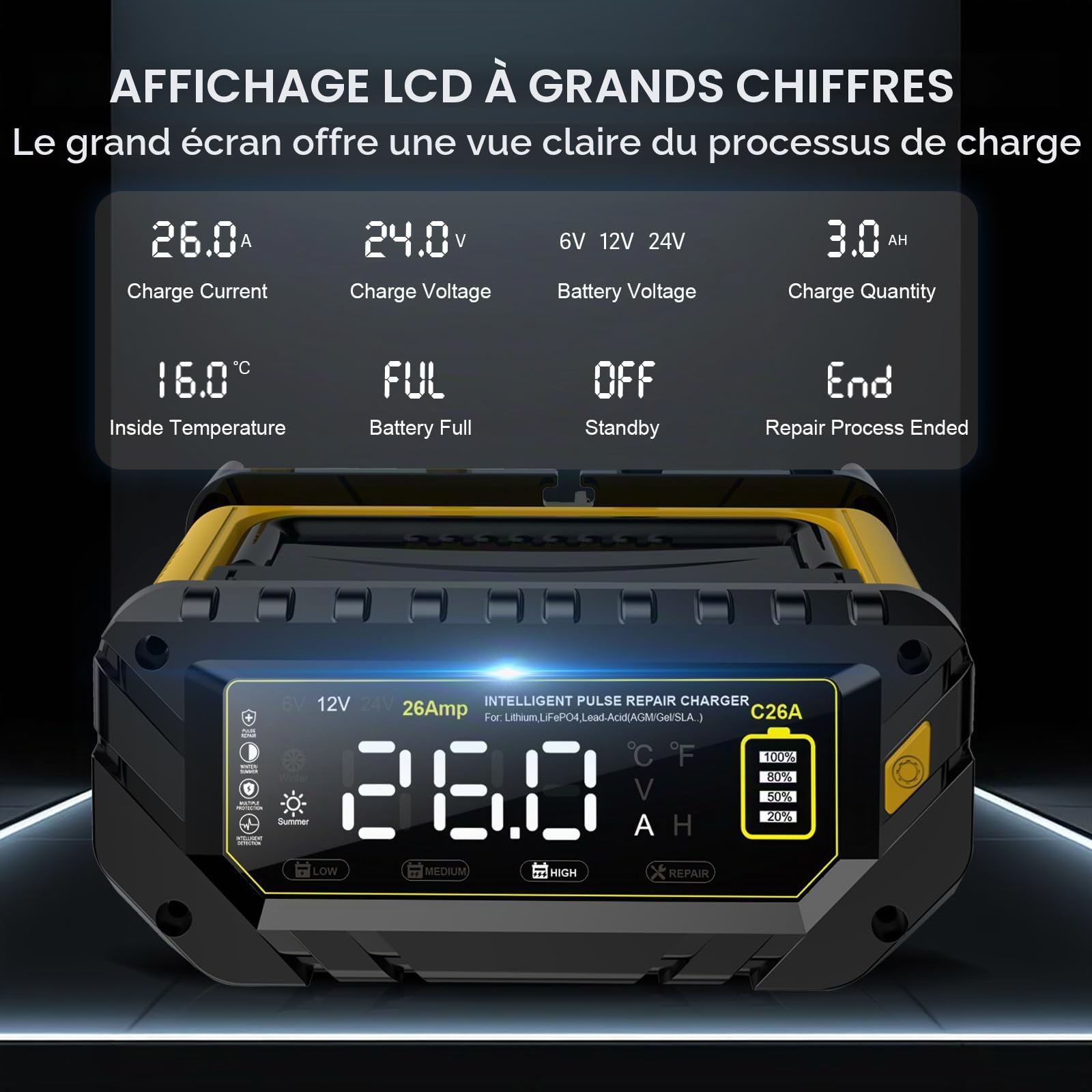 Haistio Chargeur intelligent 26A, 6V/12V/24V, écran LCD, entretien, charge d'entretien et sulfatation pour AGM, lithium, LiFePO4, acide plomb (moto, camping-car)