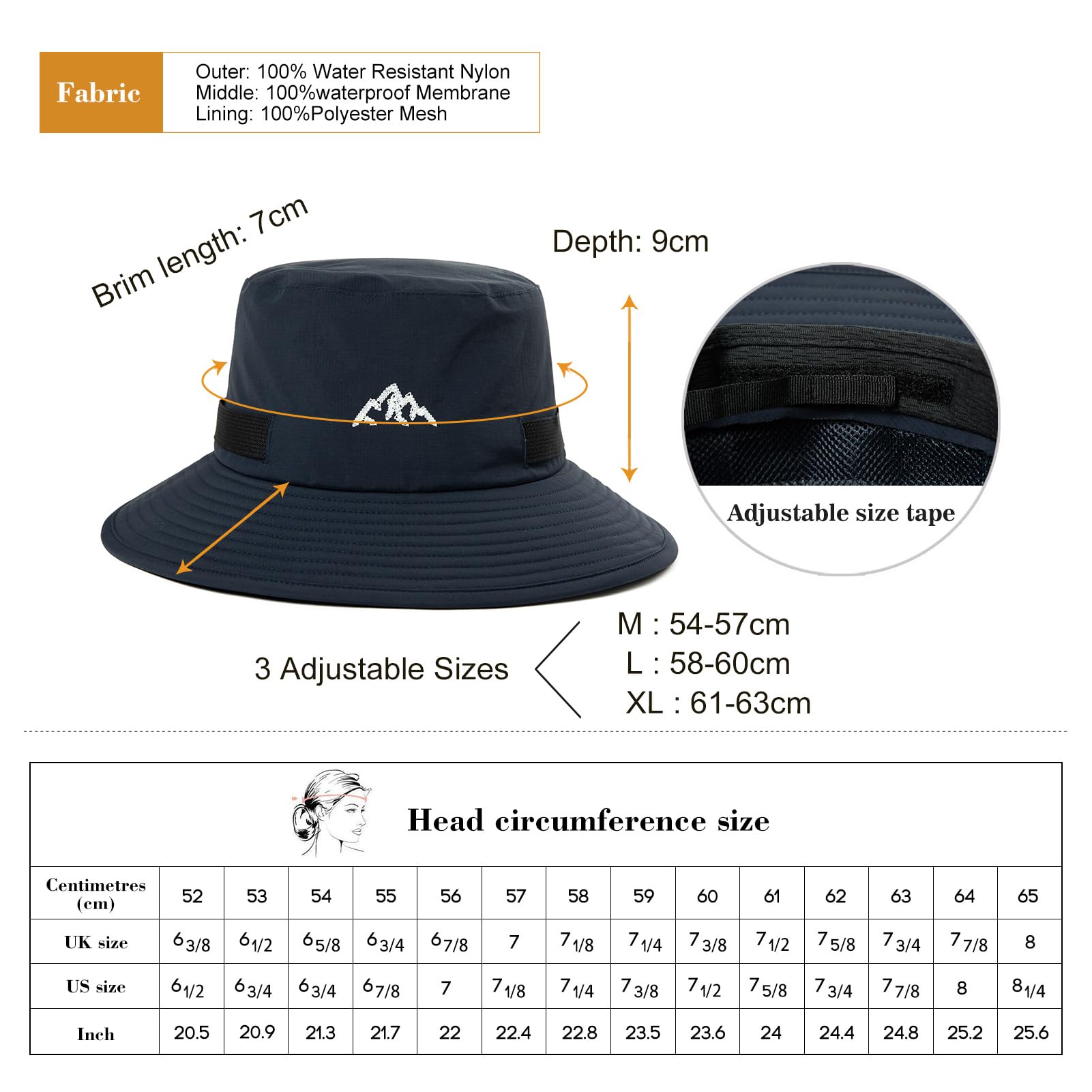 Comhats Wodoodporne czapki przeciwdeszczowe typu bucket dla mężczyzn i kobiet, czapka outdoorowa na każdą pogodę, do chodzenia, golfa, safari, wędkowania, wędrówek, regulowana, pakowalna,