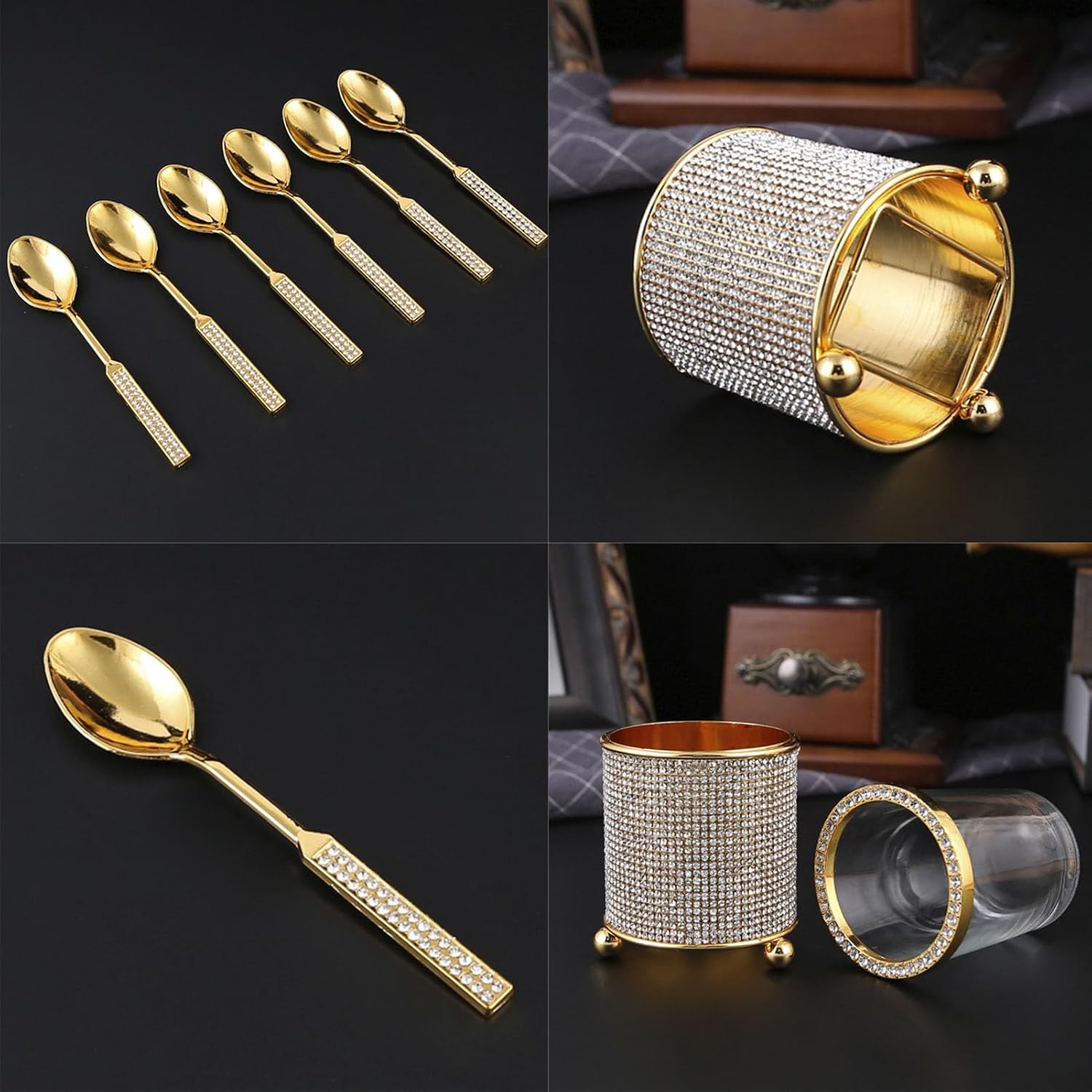 6Pcs Coffee Spoons Set with Holder, Decorative Holder with Coffee Spoon Set Gold Dessert Spoons Mini Teaspoon Set Espresso Spoons for Coffee, Tea, Ice Cream
