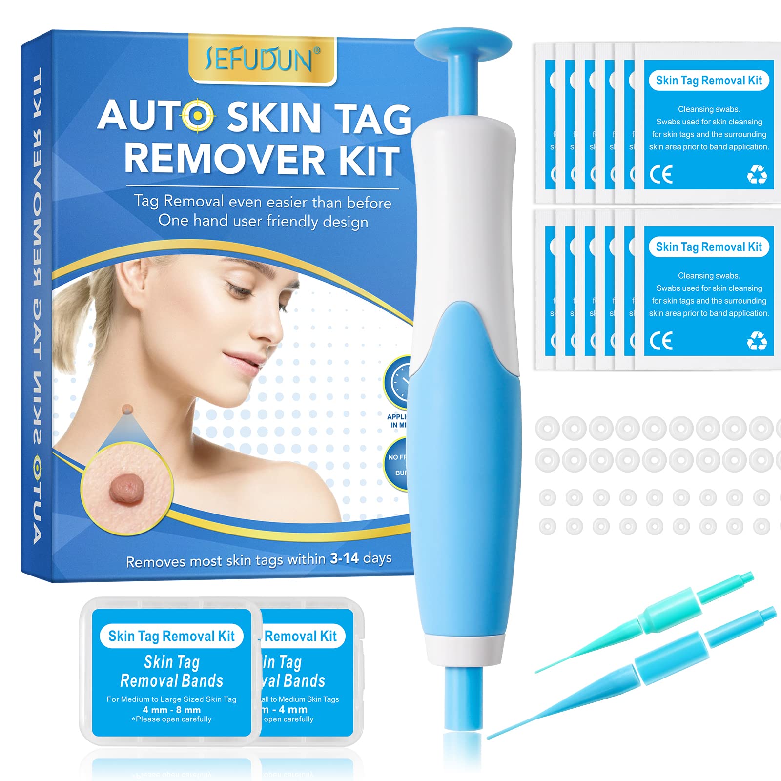 Skin Tag Remover Kit Wart Removal Device, 2 in 1 Auto Skin Tag Remover Pen for Small to Large 2-8mm Skin Tag (40 Rubber Bands, 10 Cleansing Wipes)