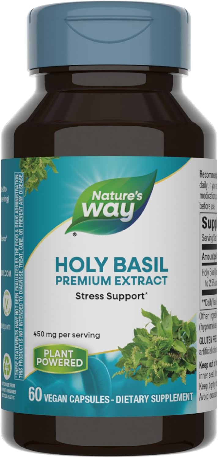 Nature’s Way Holy Basil Premium Extract, Stress Support*, Adaptogenic Herb*, 450 mg per Serving, 60 Vegan Capsules (Packaging May Vary)