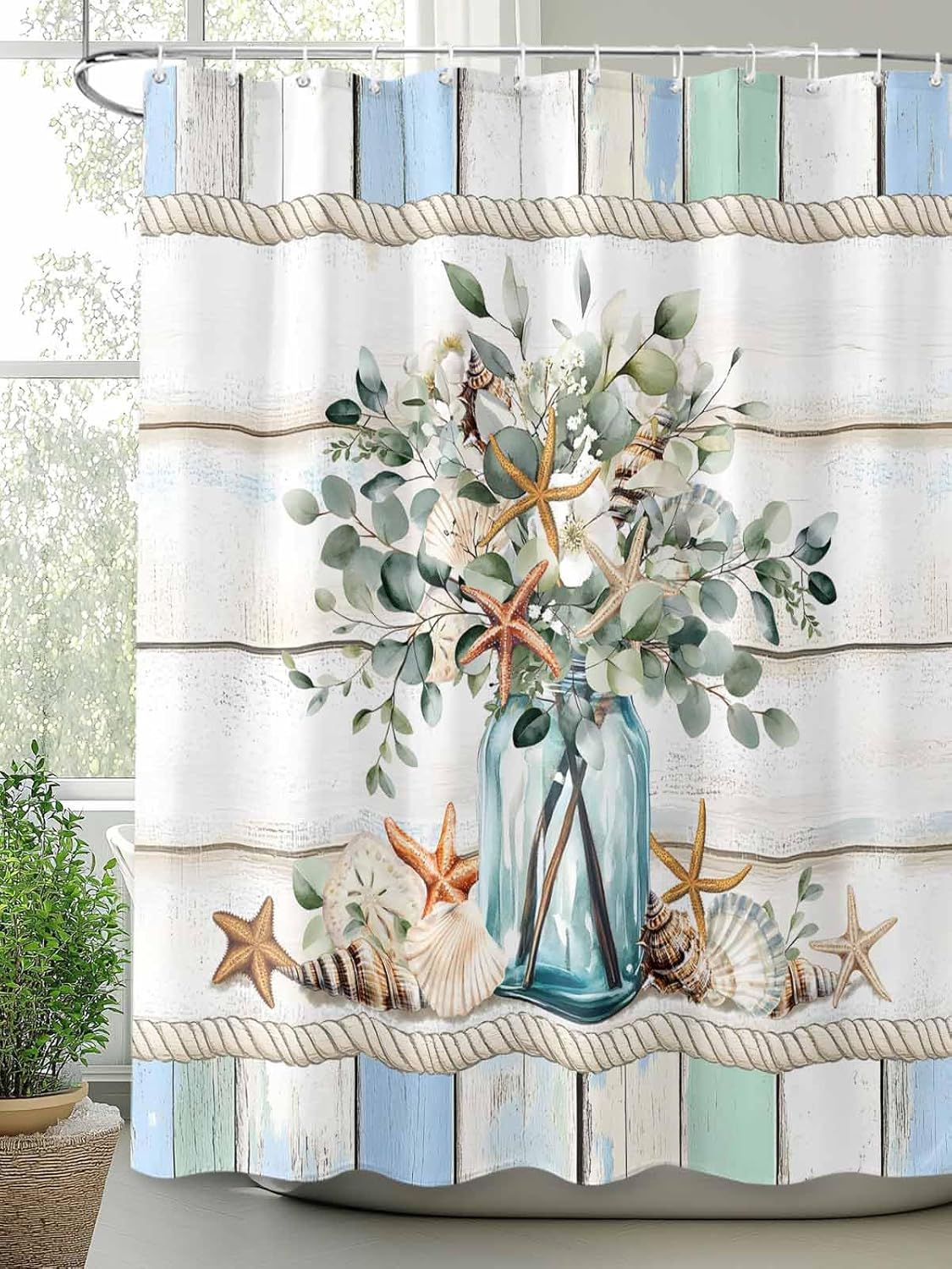 Shell Shower Curtain Eucalyptus Leaf Vase Flower Starfish Vintage Wood Texture Shower Curtains for Bathroom Polyester Waterproof Fabric Cloth Bath Curtains with Hooks Home Bathtub Decor 48x72 Inch