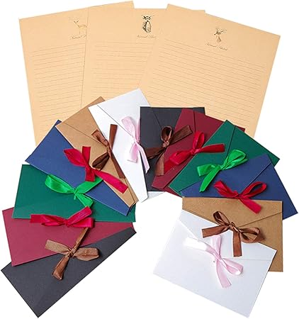 Amazon レターセット 封筒 14枚 便箋 24枚 シンプル アンティーク メッセージカード 封筒付 グリーティングカード バースデーカード リボン付き おしゃれ カラーセット レターセット 文房具 オフィス用品
