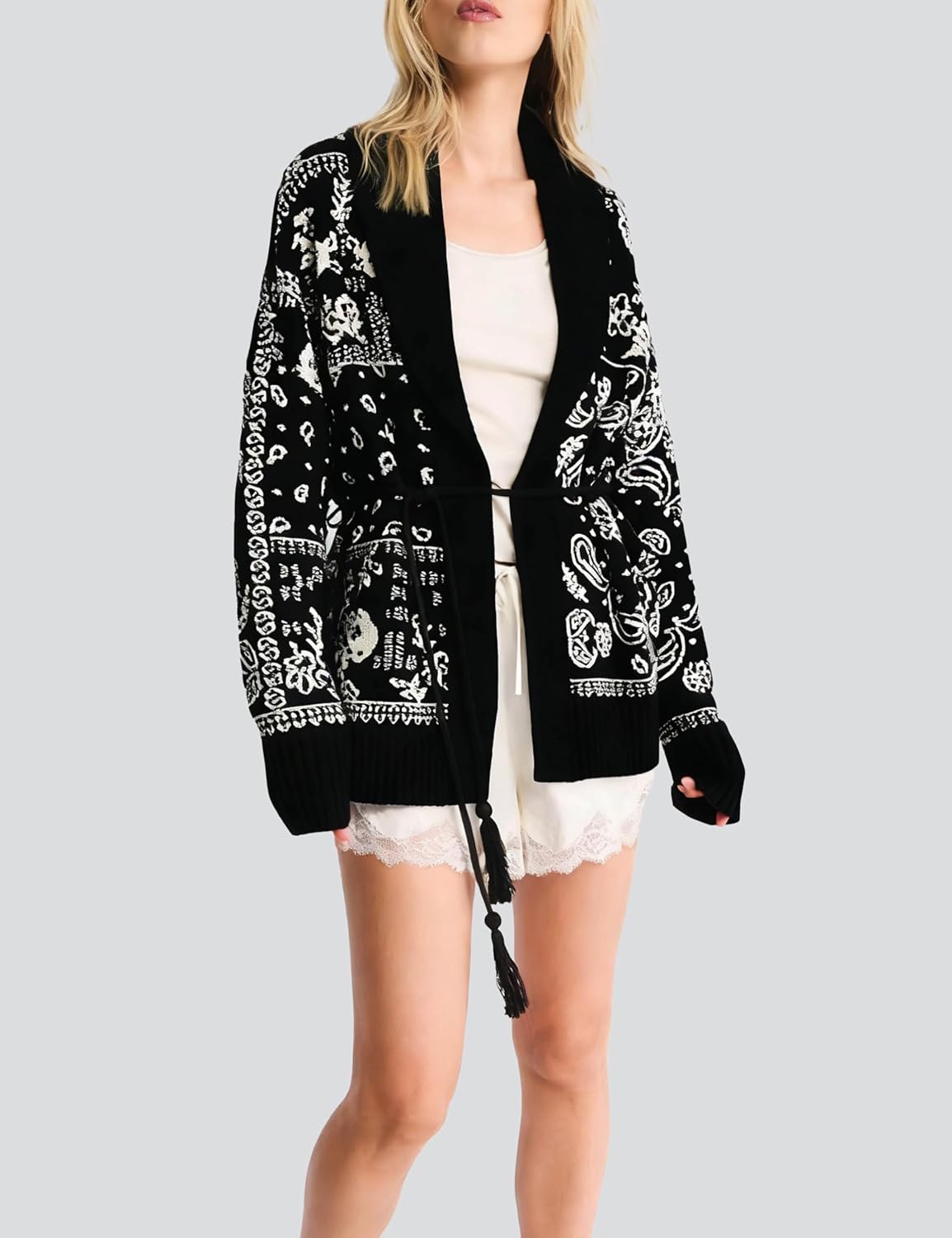 Womens Cardigan Sweaters Fall Trendy Chunky Long Sleeve Printed Casual Belted Cardigan - Image 3