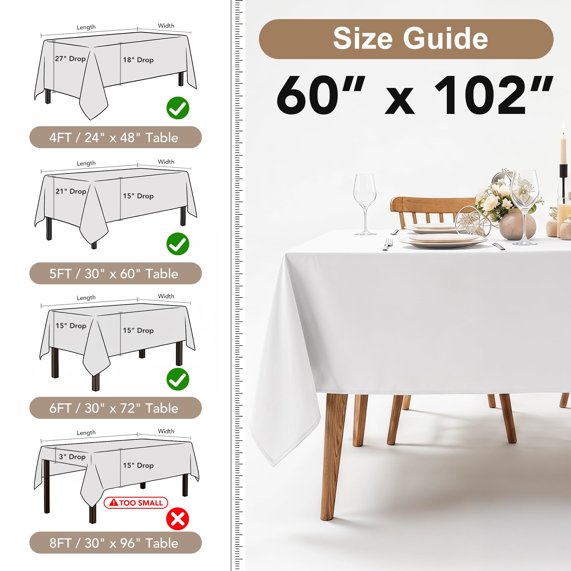 Fitable Confezione da 8 tovaglie rettangolari: antimacchia e senza pieghe, lavabili e riutilizzabili, in poliestere, per matrimoni, feste, compleanni, ricevimenti (bianco, 152 x 250 cm)