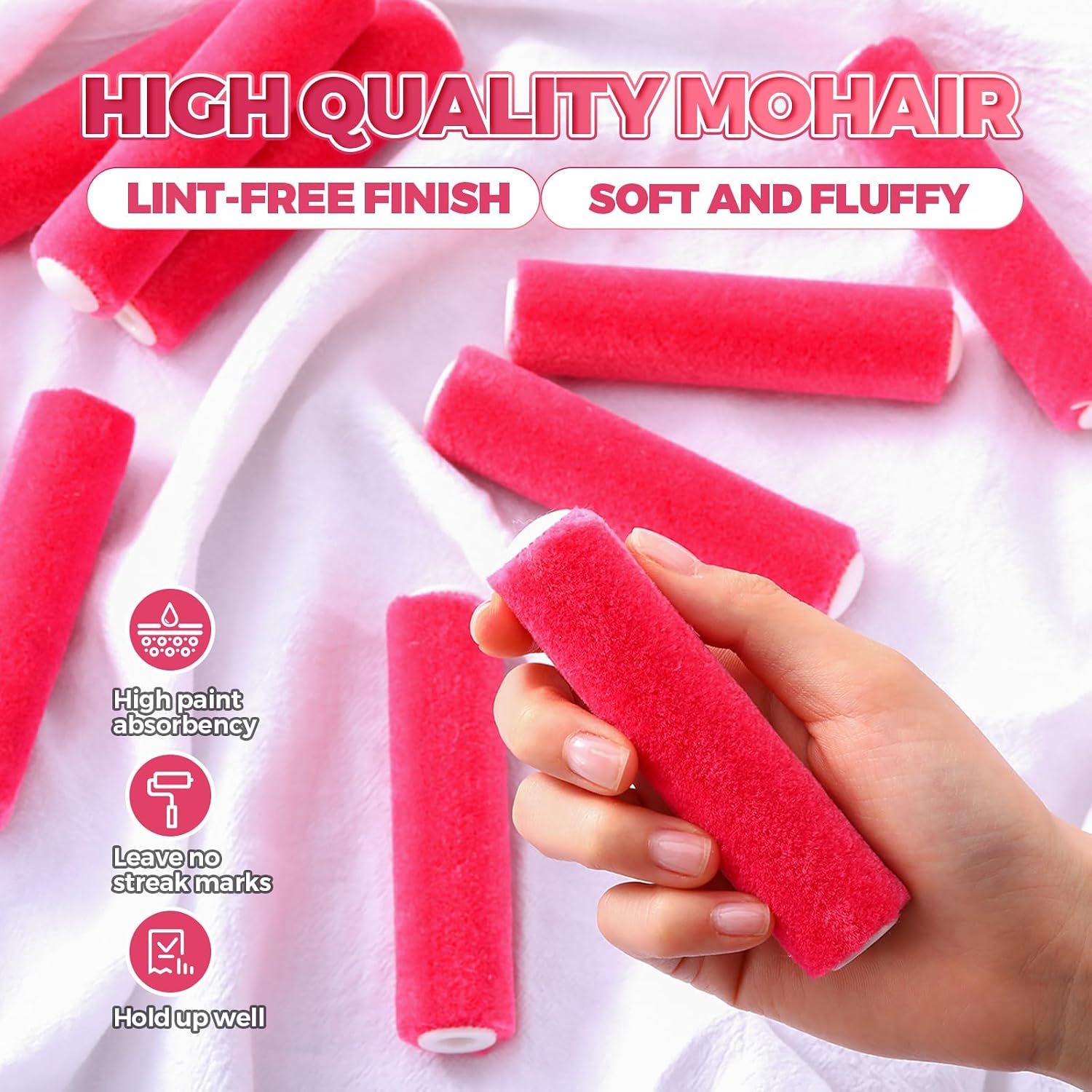Leumoi 24 Pcs 4 Inch Mohair Paint Roller Covers 3/16" mini Shedding Resistant Small Painting Rollers Fits All Flat Surface Kitchen Cabinets, Doors, Tables, Works with All Paints and Stain (Pink)
