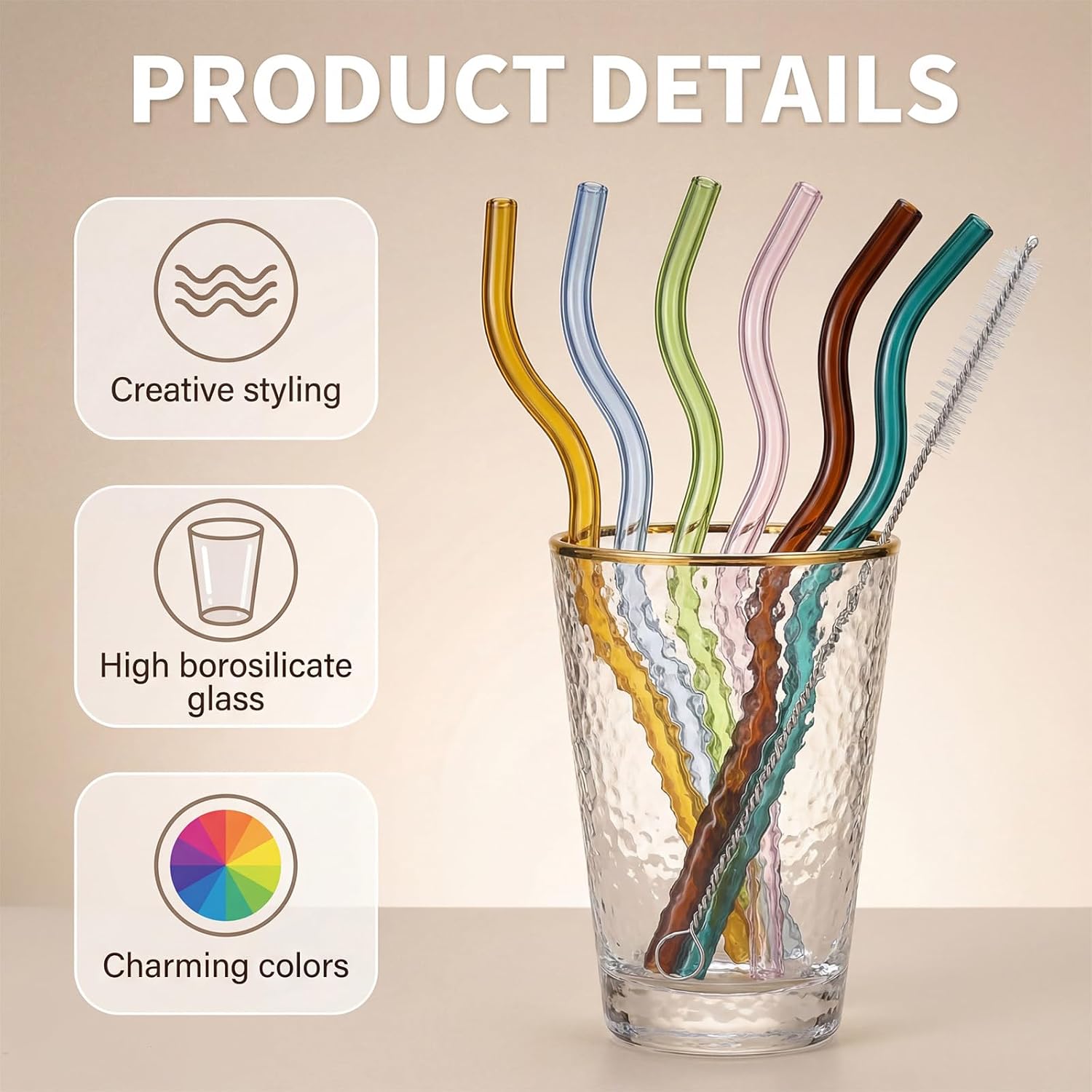 6 Pcs Wavy Glass Straws Cute, 7.8in × 8mm Reusable Colorful Glass Straws Shatter Resistant with 1 Cleaning Brush for Hot/Cold Beverages, Milk, Coffee, Juice, Wine