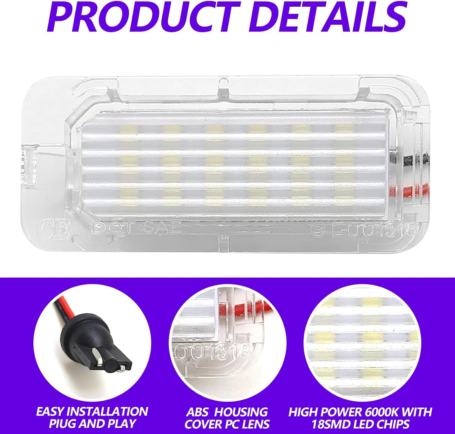 2PCS LED License Plate Lights, 18-SMD 6000K White Rear Bumper Tag Lamps Assembly Compatible with Ford Explorer Escape Fiesta Fusion Expedition Lincoln MKC, BB5Z13550A