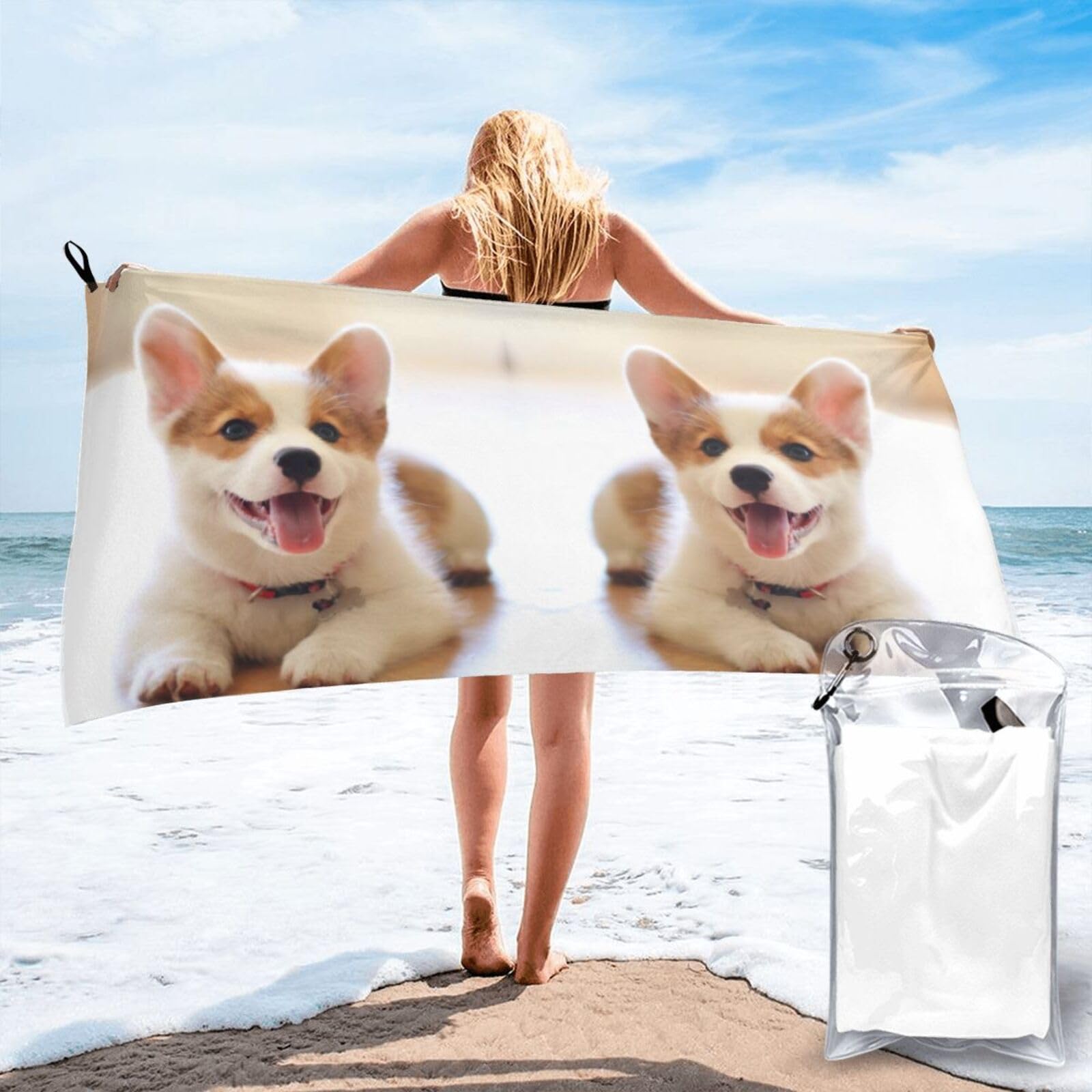 Jiuty White Cute Corgi Print Fast Dry Beach Towel Portable For Swimming Travel Gym Hiking Gift