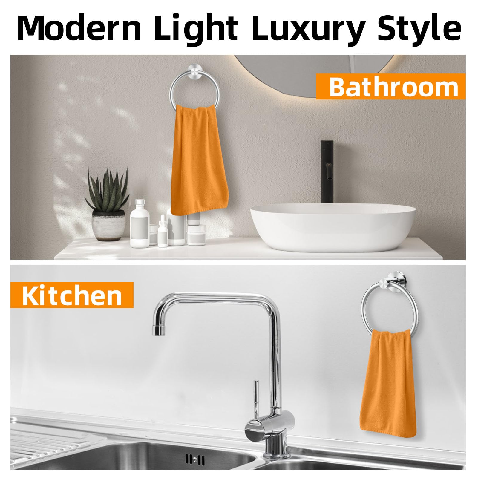SUS304 - Toallero de acero inoxidable para baño, cocina, colgador de toallas de estilo moderno, soporte para toallas de anillo grueso, toallero redondo montado en la pared (2, plateado)