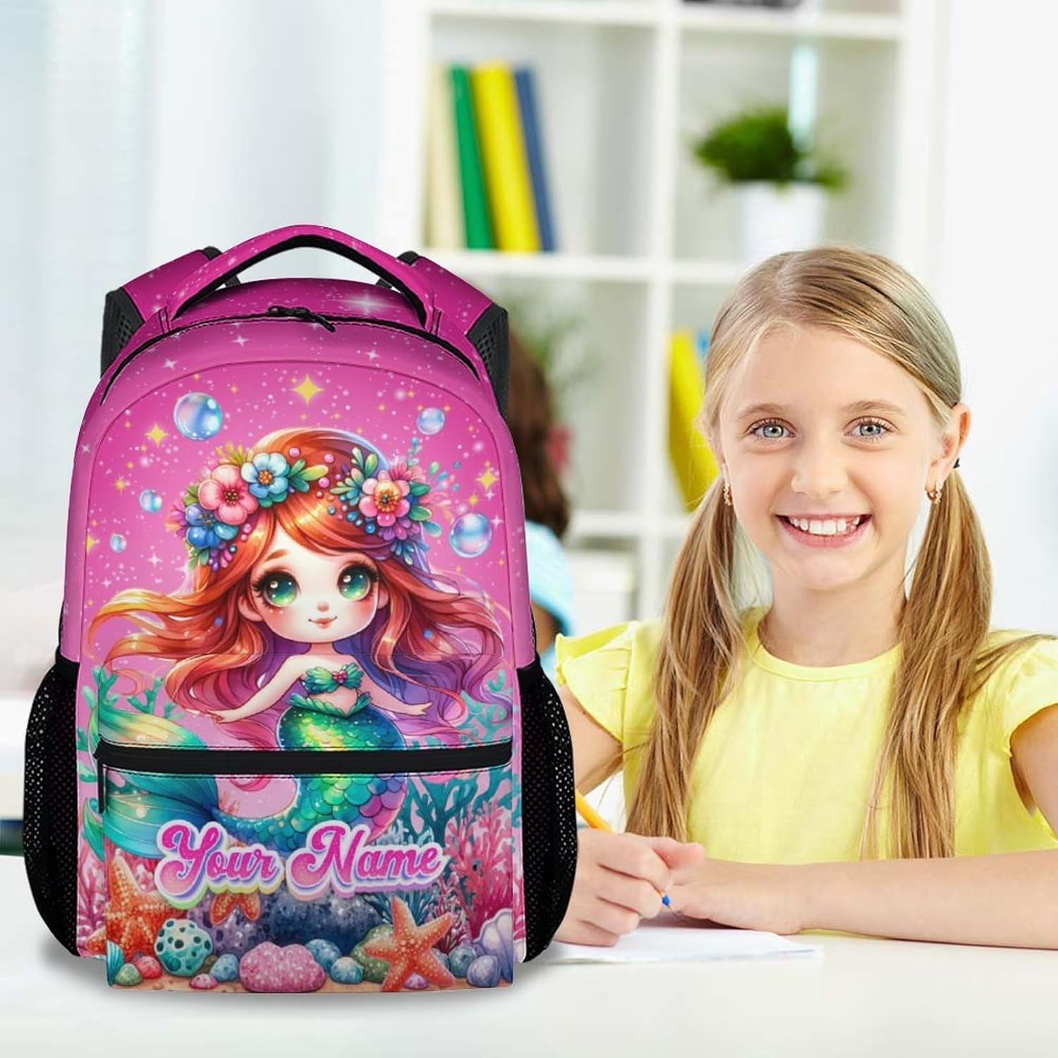 Custom Mermaid Backpack for Girls 6-8 - 17 Inch Large Capacity Backpacks for School - Portable Bookbag for Kindergarten