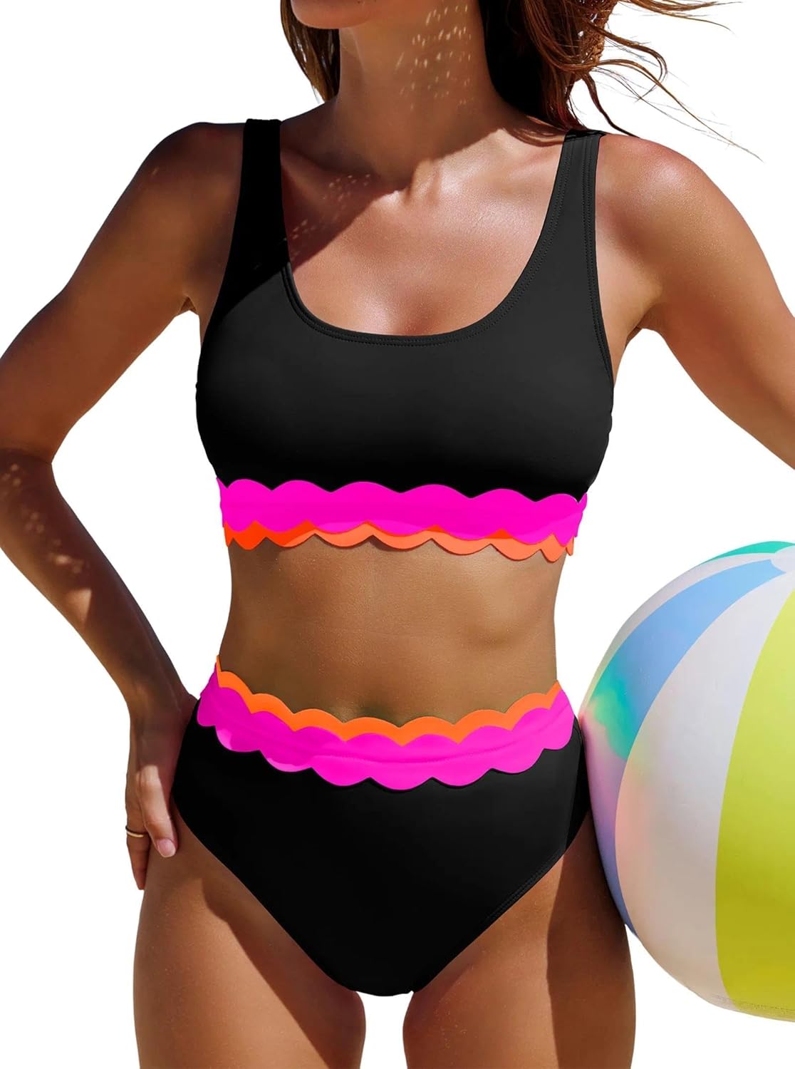 popvil High Waisted Bikini Sets for Women Two Piece Swimsuit Neon Scalloped Trim Bathing Suit for Beach Vacation 2026