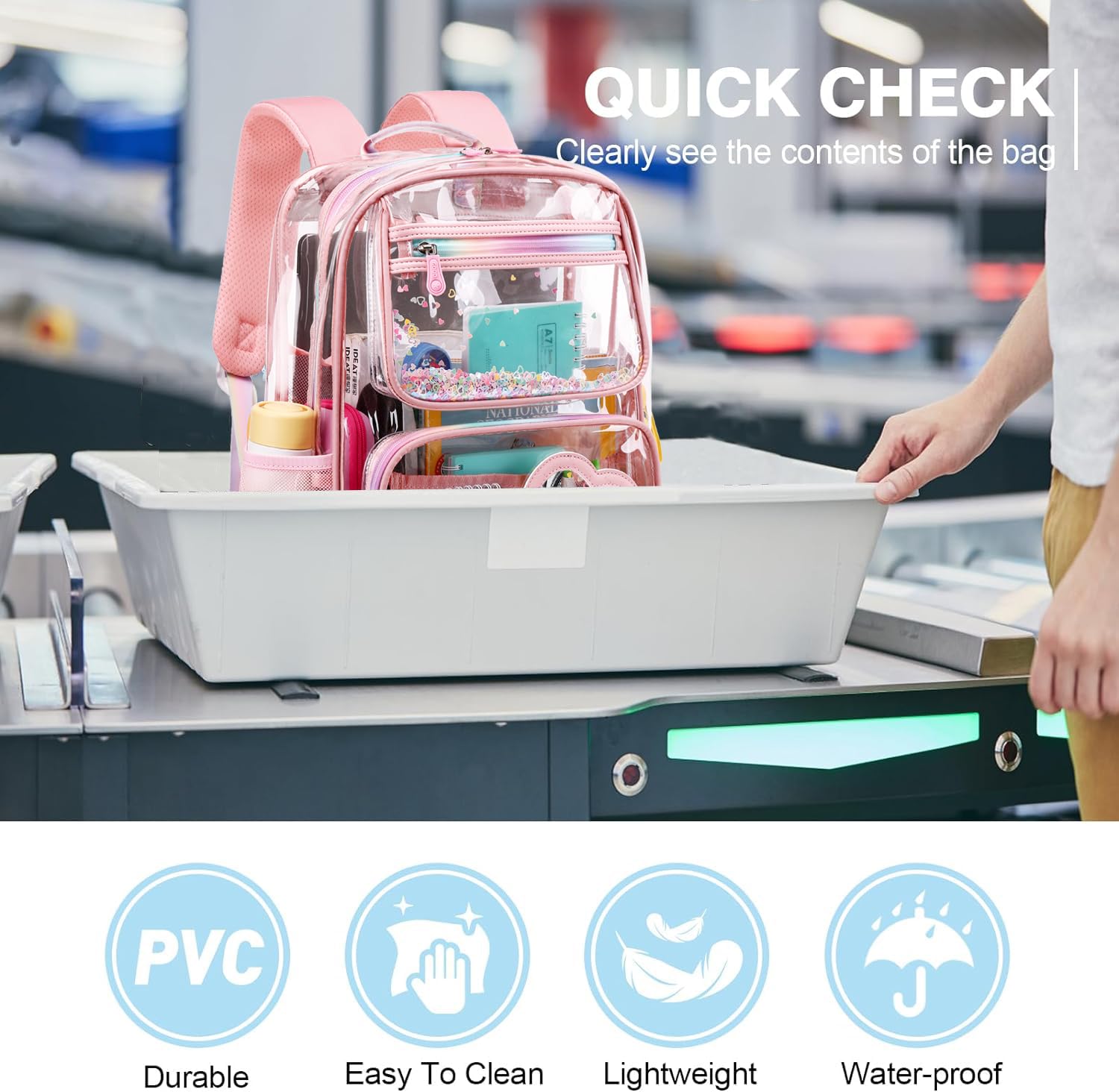 Transparenter Rucksack für Schule, Stadion, Events, strapazierfähig, durchsichtig, dick, transparent, Büchertasche für Teenager, Mädchen, Frauen
