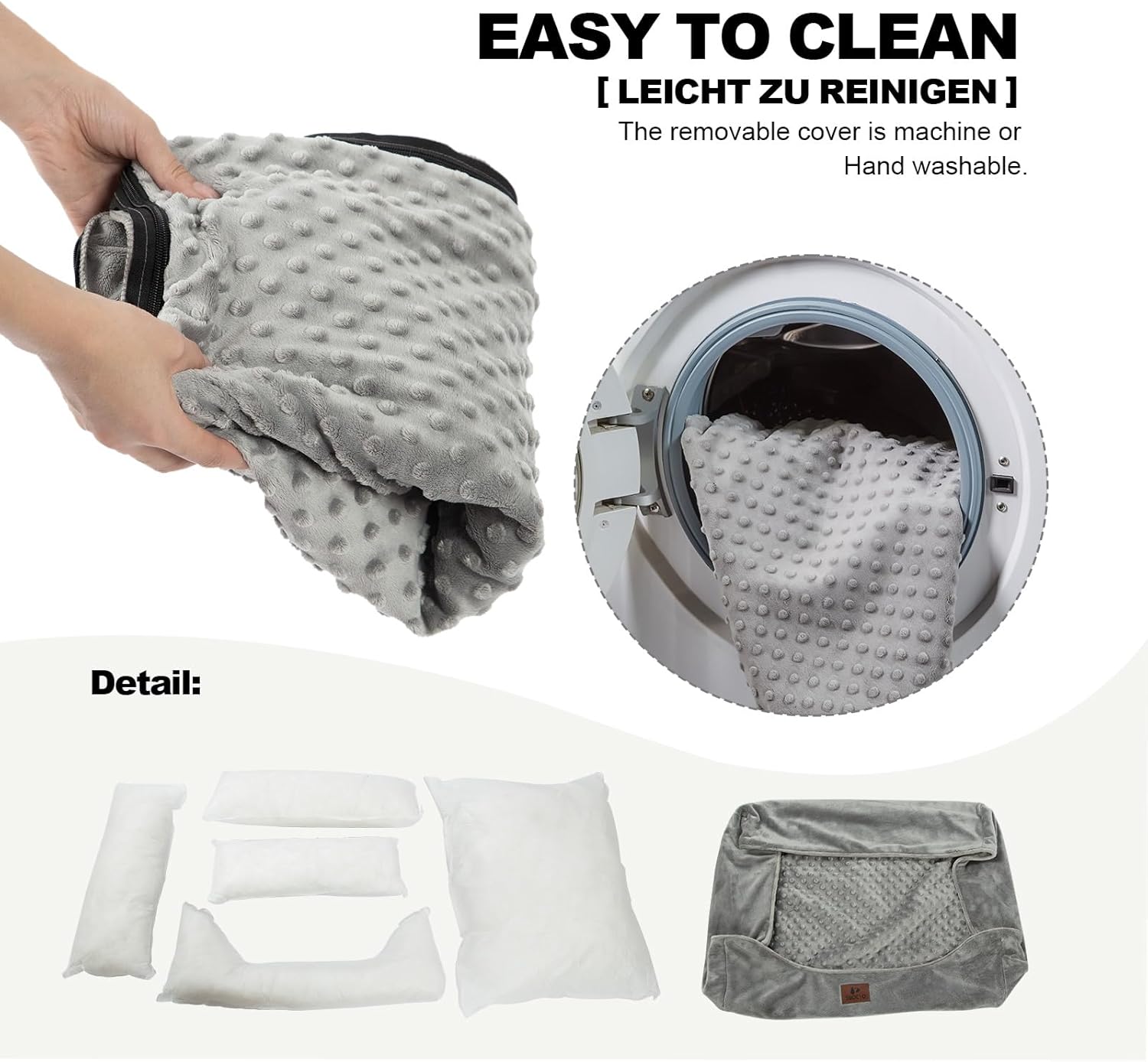 Small Dog & Cat Bed, Washable Cushion,Cover Removable, Pet Sofa with Raised Edges, Fluffy Cat Bed with Nubs, Grey