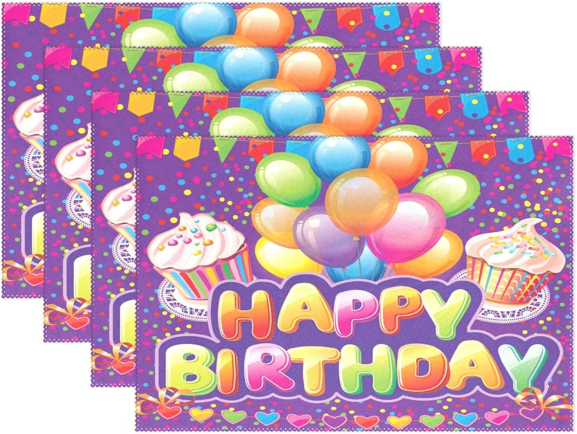 Place Mats of 6, Happy Birthday Party Placemats Dining Table Mats Heat Resistant Durable Washable for Home Kitchen