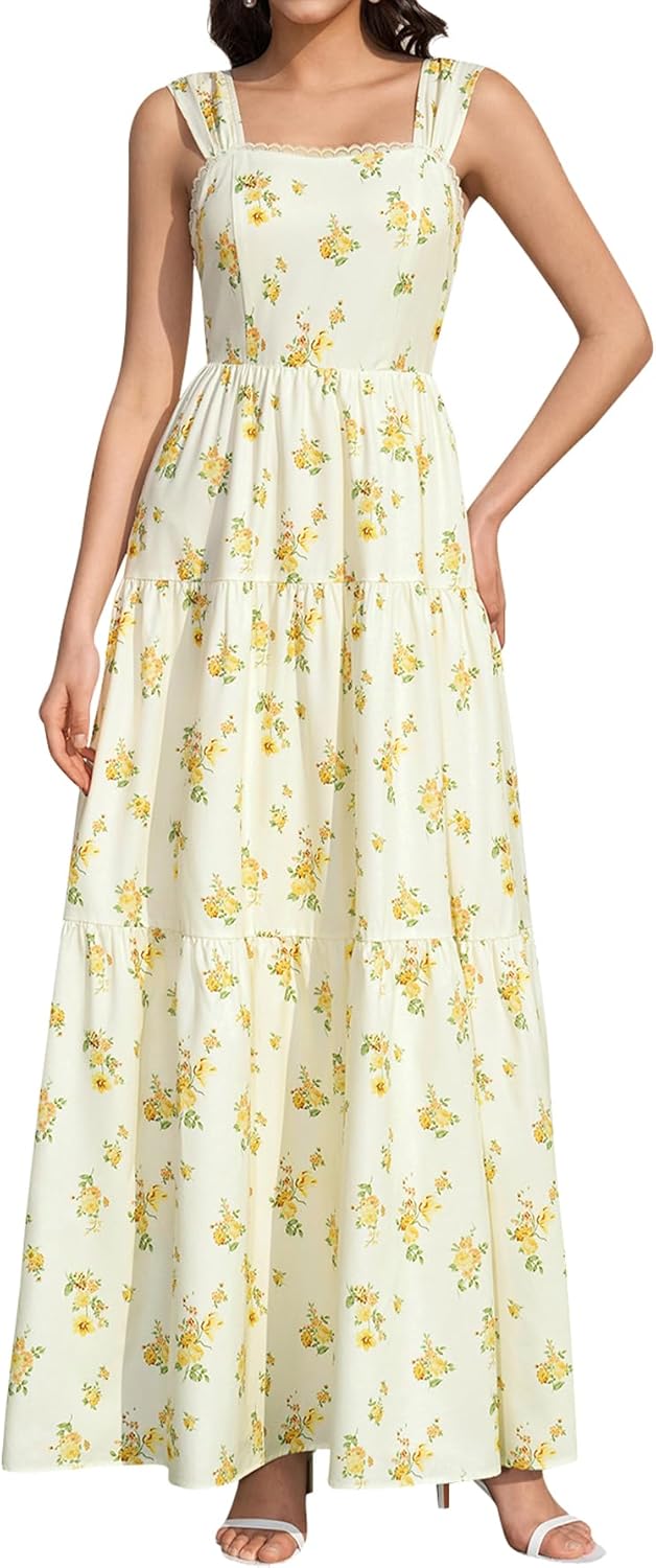 KUTUMAI Floral Maxi Long Dress Lace Up Square Neck Flowy Summer Wedding Guest Dresses for Women 2026