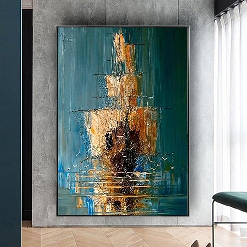 Miniatura 2 de Pintura al óleo abstracta grande sobre lienzo enmarcada velero cuadro moderno arte de pared pintura decorativa para decoración de oficina en casa