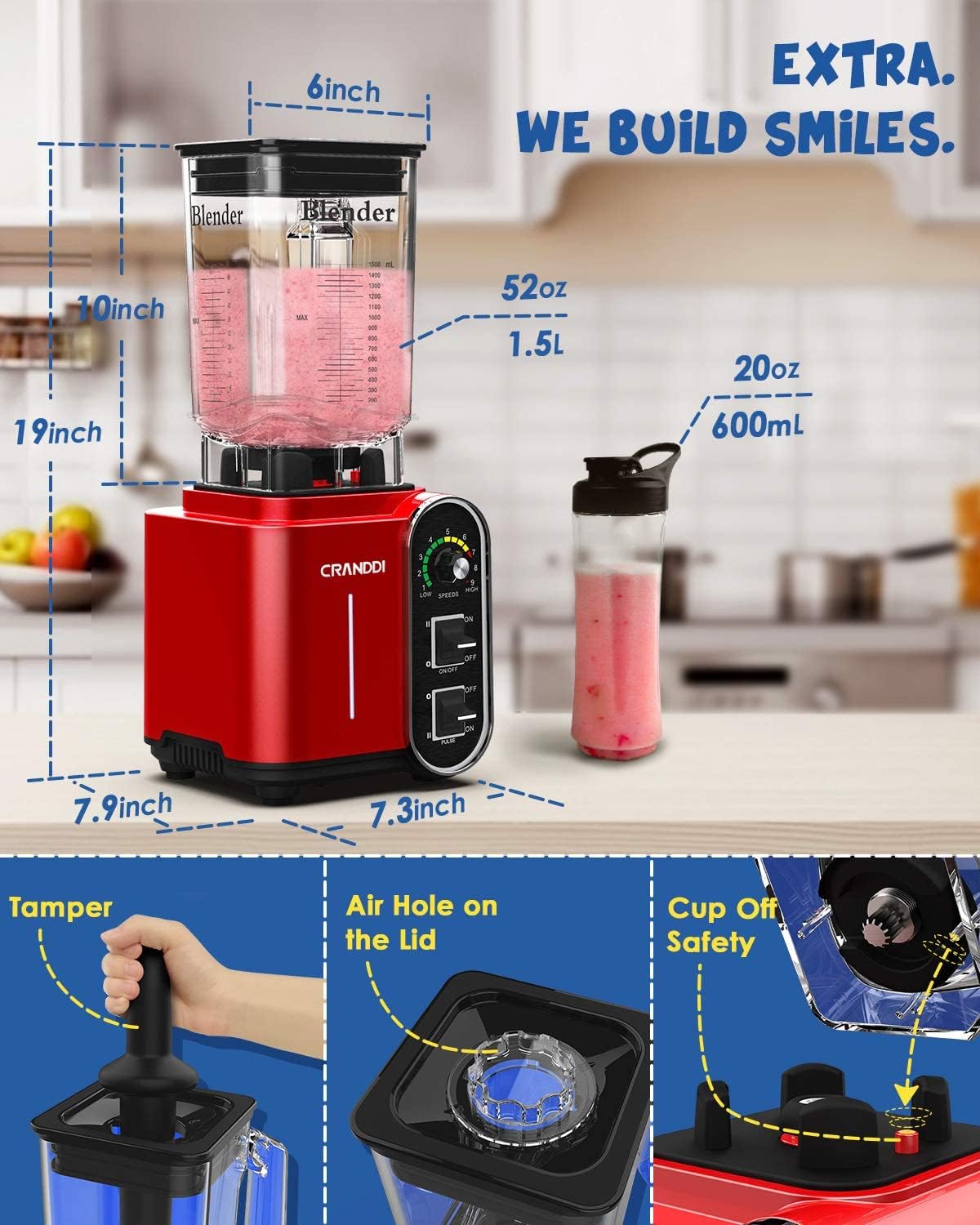 Licuadora comercial de 52 onzas, 1800 W, para cocina, hoja de acero inoxidable de 9 velocidades y autolimpieza, pulso integrado, K98C rojo 5