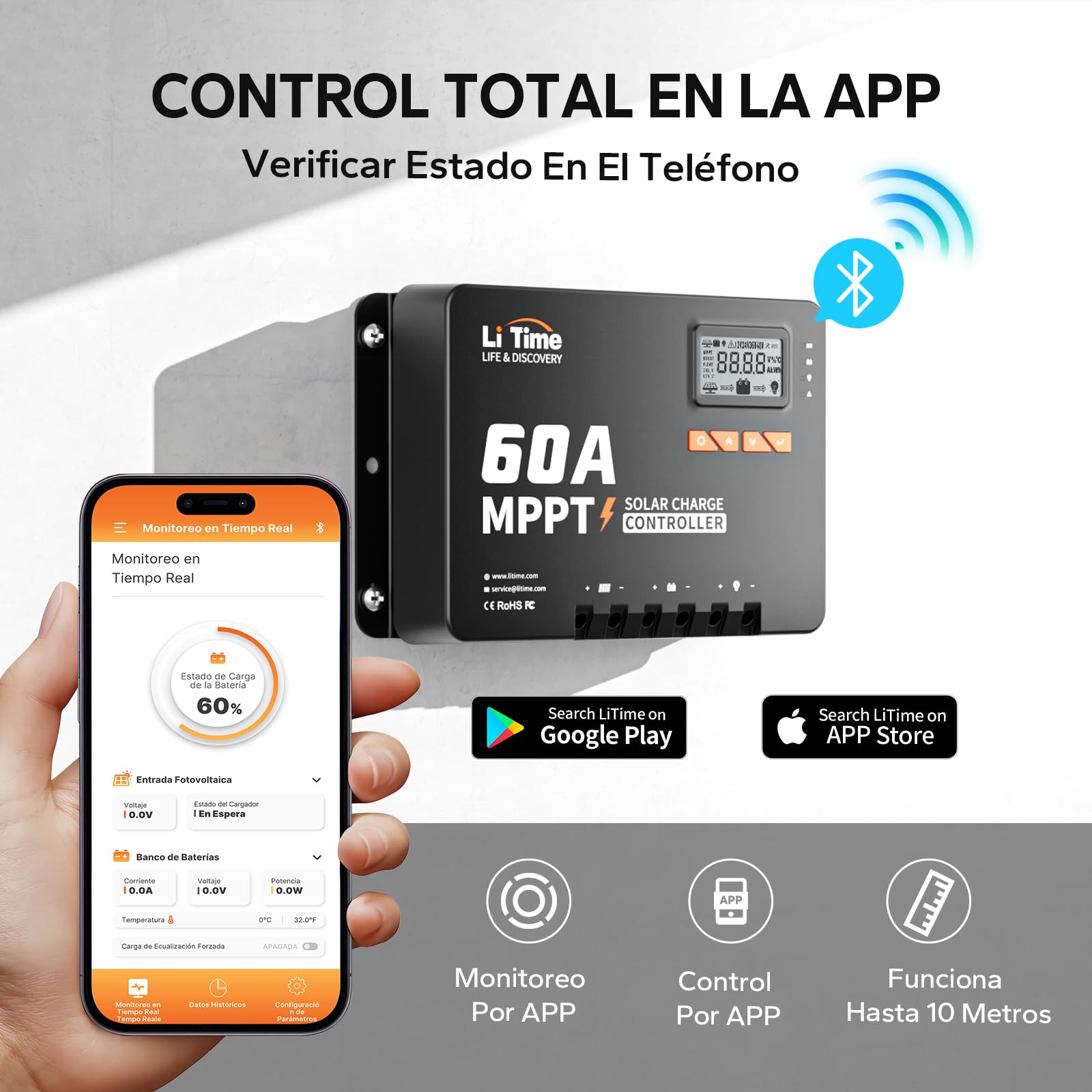 LiTime 60A MPPT 12V/24V/36V/48V Máx. 3200W Entrada DC Automática Controlador de Carga Solar con Adaptador Bluetooth, Pantalla LCD con Parámetros Ajustables, Indicadores LED, para Batería de Litio