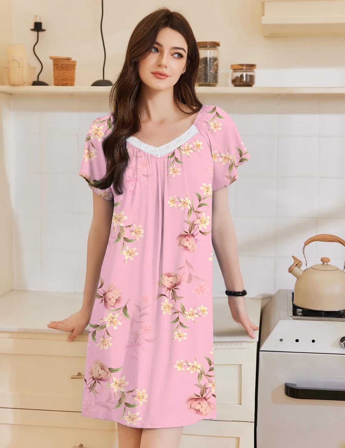 Ekouaer Womens Nightgown Lace Trim V Neck Sleep Shirt Flare Short Sleeve Night Gown Pleated Nightshirt Ladies Nightdress - Image 3