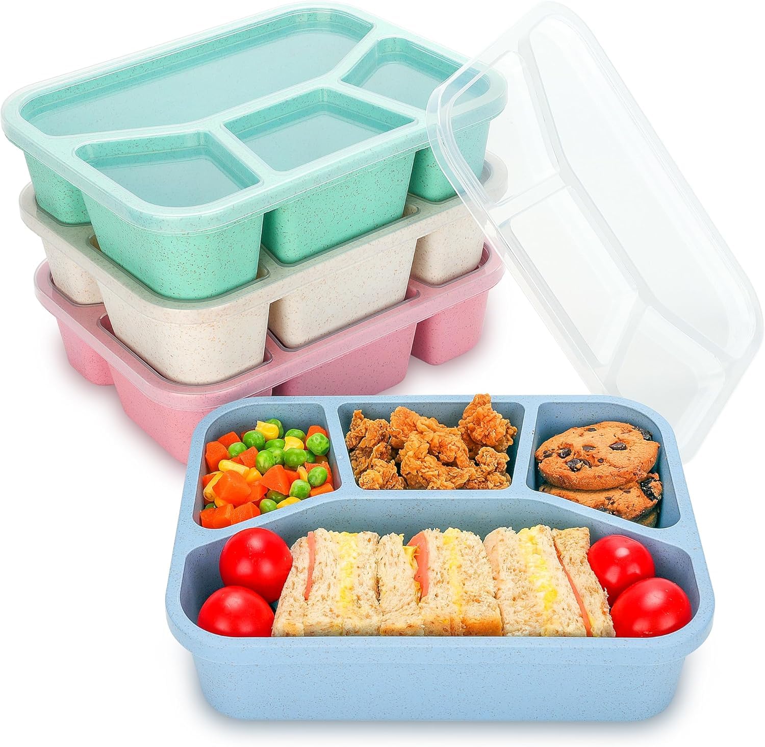 Bento Box z 4 przegródkami, bezpieczny pojemnik na żywność dla dzieci, dorosłych, idealny do szkoły, pracy, podróży (biały, różowy, niebieski, zielony)