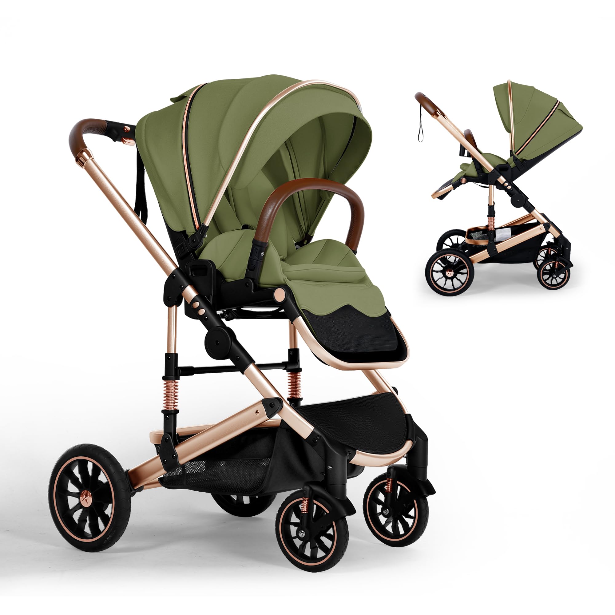 TODEFULLConvertible Baby Stroller, Folding Infant Stroller with Large Canopy, Portable Baby Carriage Pushchair with Adjustable Backrest, Cup Holder, Storage Basket (Green)