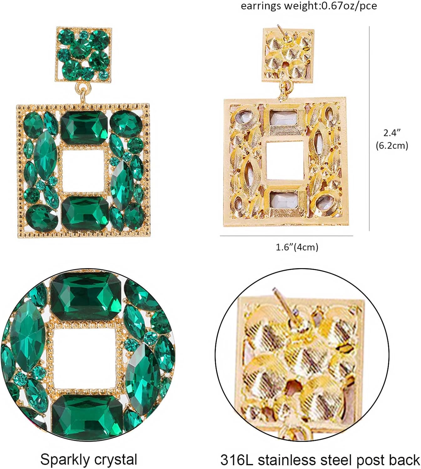 Rhinestone Square Statement Dangle Earrings Trendy Crystal Geometric Drop Earrings Hypoallergenic Jewelry for Women Party - Image 5