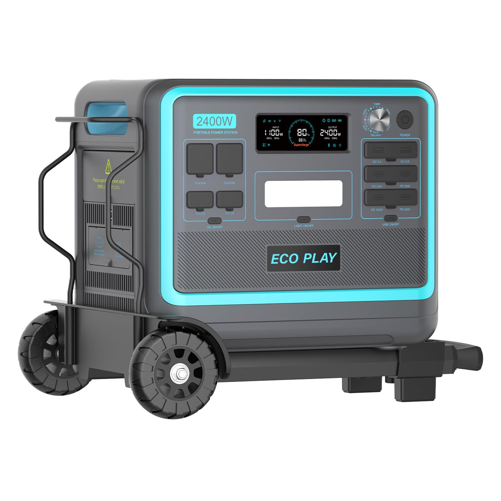 Eco Play Generateur Electrique Portable 2400W(4800W Pic), 2048Wh LiFePO4 Batterie de Secours,Générateur Électrique Solaire pour Camping/Maison/Bureau (Avec Chariot à Main Pliable)