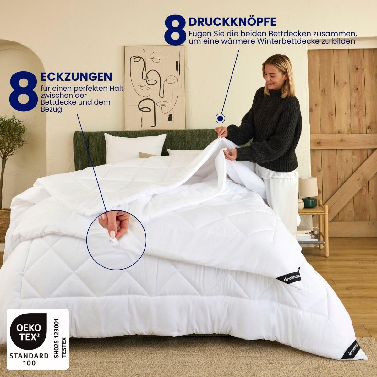 DREAMWAY Bettdecke 220x240 cm 4 Jahreszeiten – 2-teilige Steppdecke: 300gsm Ganzjahresdecke + 150gsm Sommerdecke – kombinierbar für Sommer, Winter & Übergang – Weiß