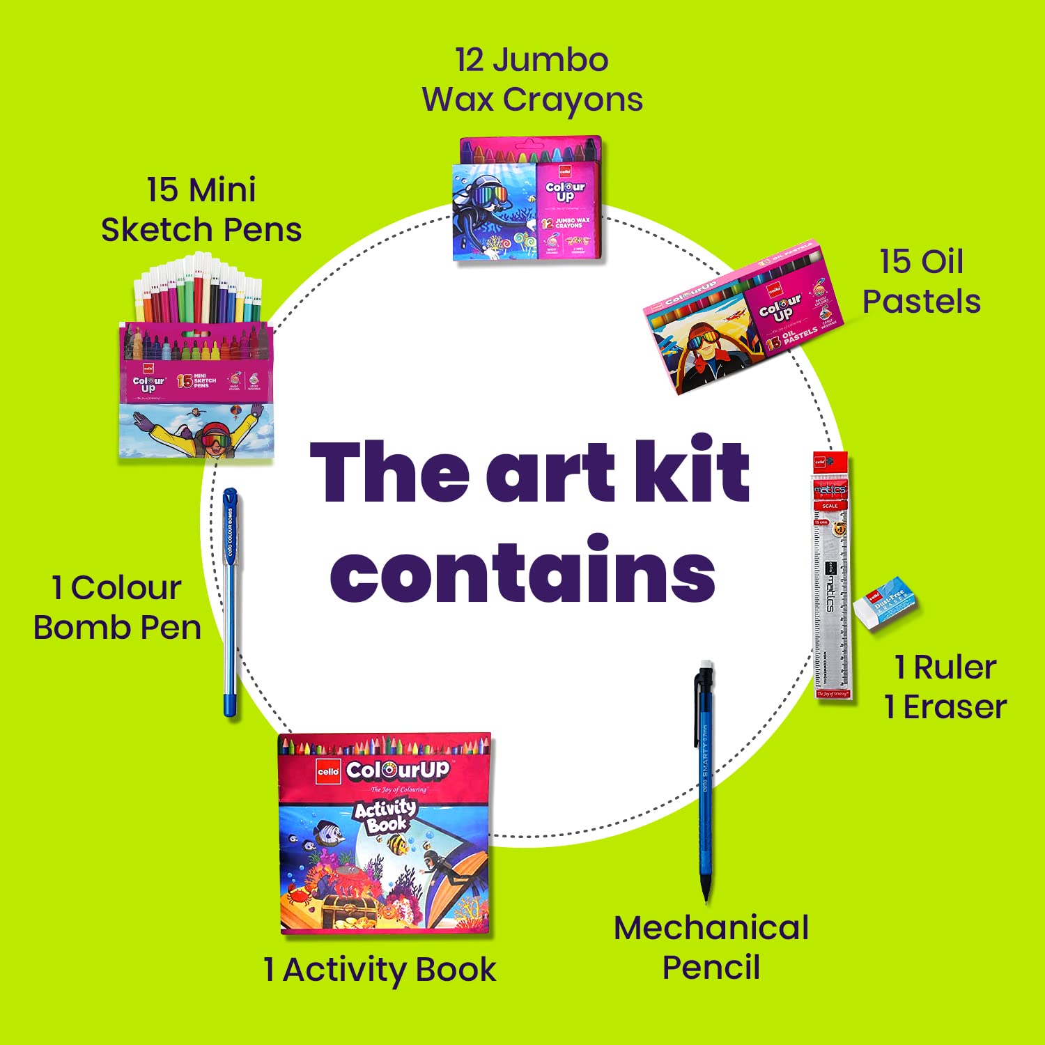 Cello Colourup Celebration Kit Mega Gift Pack|Kids Colouring Set|1 Gel Pen|12 Crayons|15 Oil Pastels Colouring Set|15 Mini Sketch Pens|1 Eraser|1 Smarty Mechanical Pencil|Assorted (Pack of 2) 1