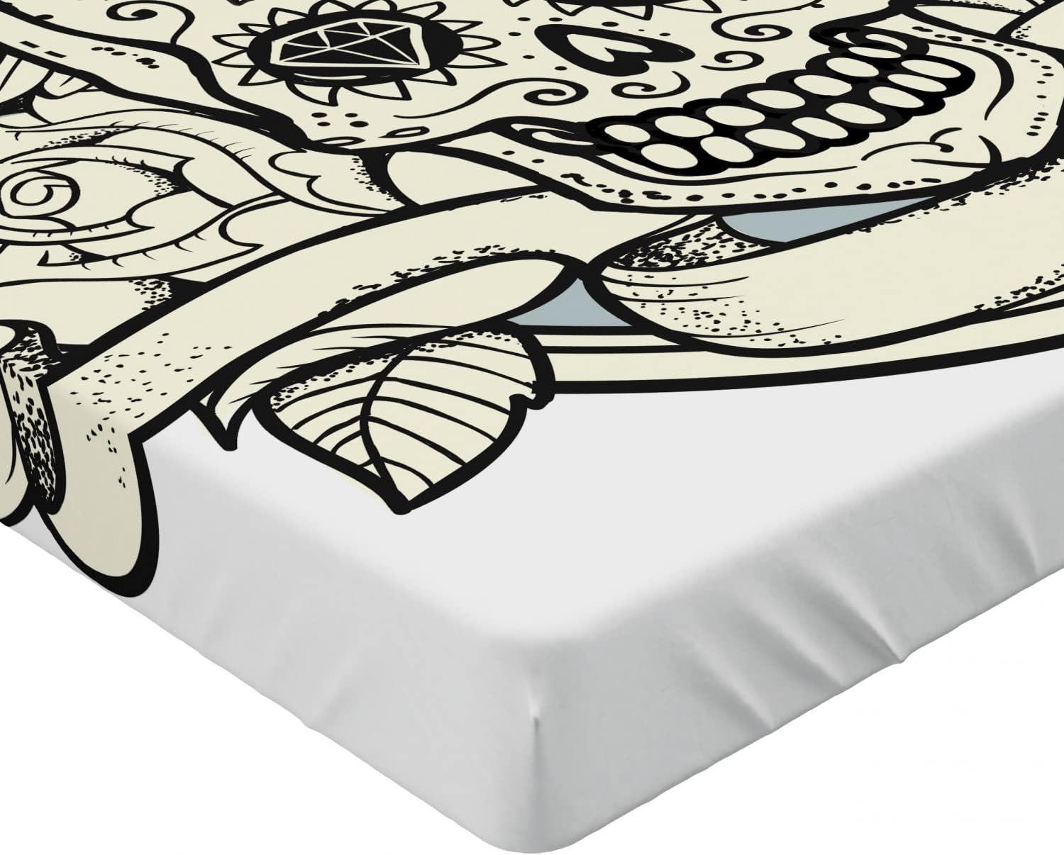 Ambesonne Sugar Skull Fitted Sheet, Illustration of Calavera Diamond and Roses Vintage Revival Design, Bed Cover with All-Round Elastic Deep Pocket for Comfort, Queen Size, Cream Grey Black