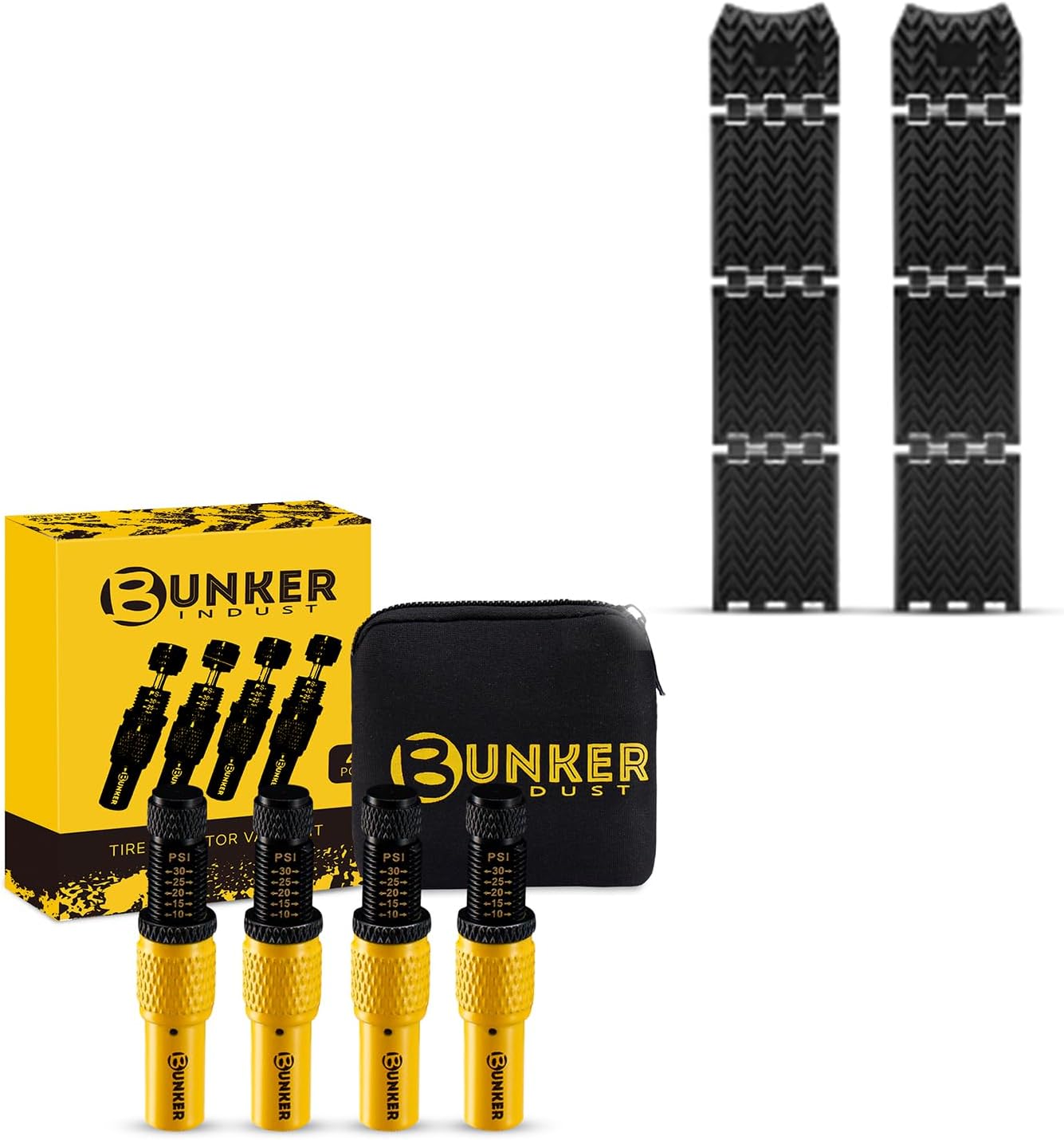 BUNKER INDUST Adjustable Auto-Stop Tire Deflator Valve Kit (10-30 PSI) + Tire Traction Mats Foldable, Portable Recovery Track Boards