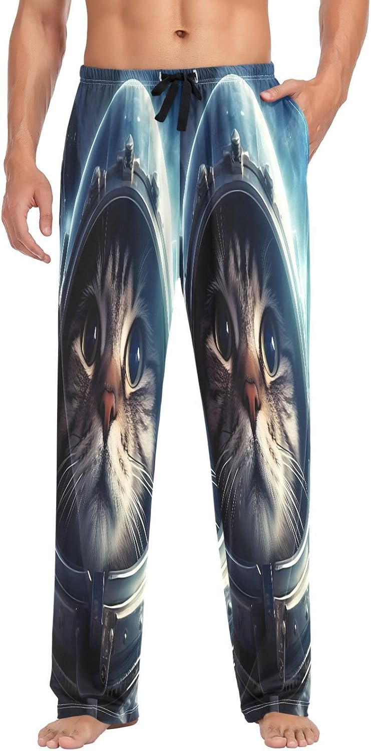 ALAZA Cat Astronaut Men's Pajama Pants Men Cotton Pajama Bottoms with Pockets, S