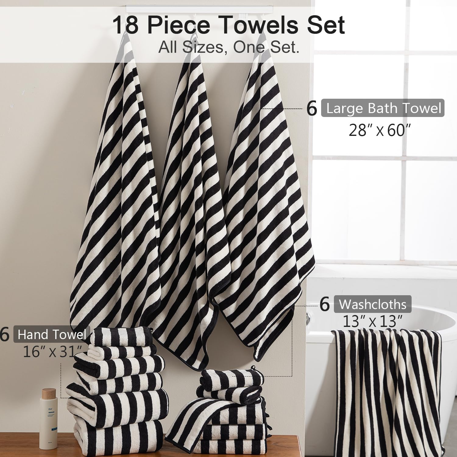Jarson 18-Piece Striped Bath Towel Set -Highly Absorbent 6 Bath Towels, 6 Hand Towels, 6 Washcloths, Quick Dry Towels for Family Bathroom - Black White