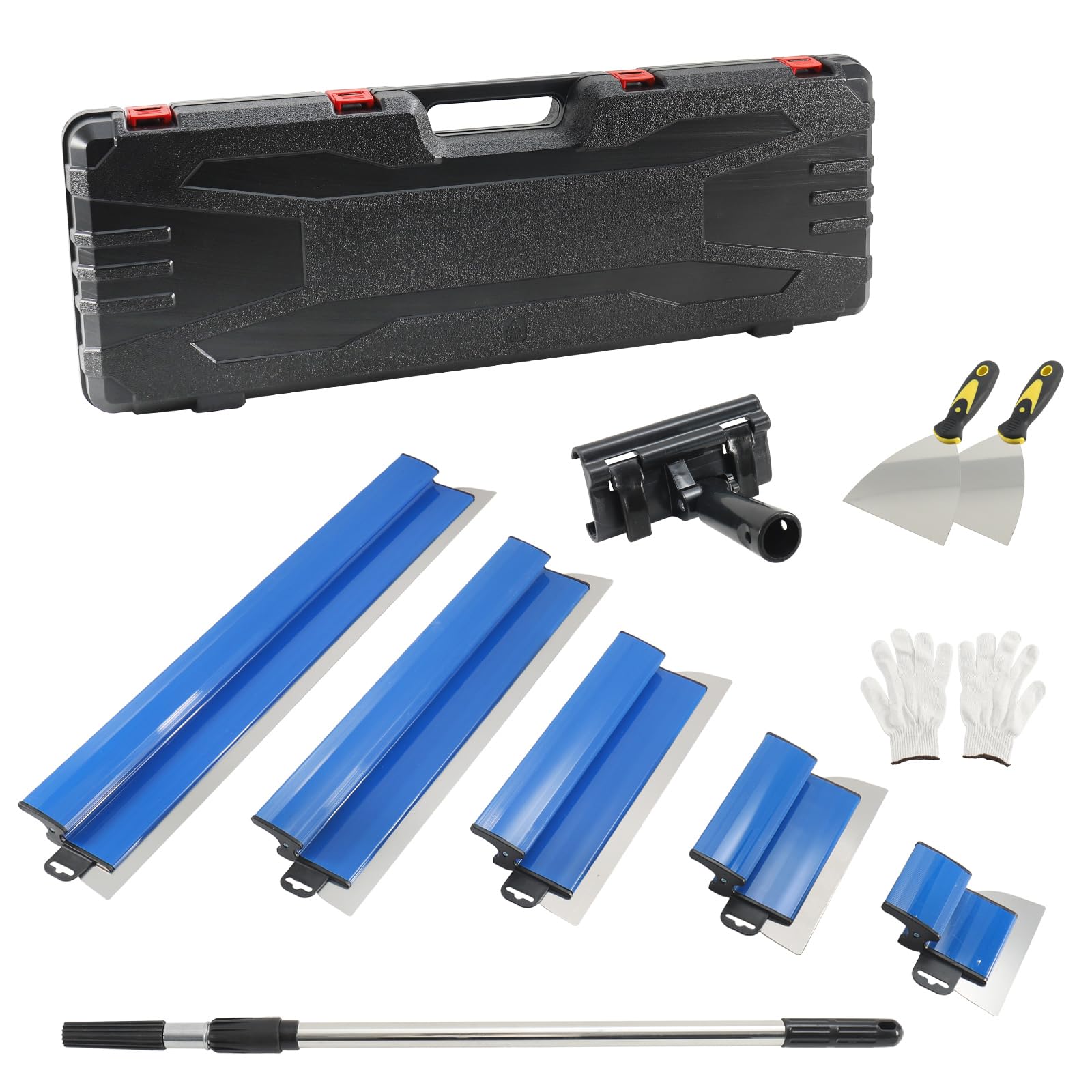 Juego de espátulas de superficie, 5 piezas (15cm,25cm,40cm,60cm,80cm) con mango extensible 85-130cm, acero inoxidable para yeso y pared, estuche negro