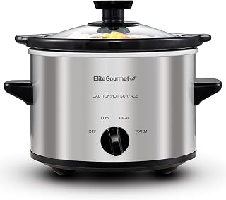 Elite Gourmet MST-250XS 1.5 Quart Mini Slow Cooker Stainless Steel, Adjustable Temp, Dishwasher Safe Ceramic Pot & Glass Lid for Dips Stews Sauces