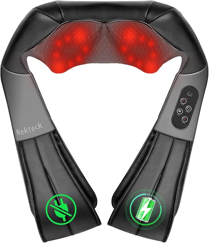 Masajeador de cuello Nekteck Shiatsu con calor, masaje inalámbrico mejorado 2026 | Almohada de masaje para amasar la espalda y los hombros recargable para aliviar el dolor, relajación de los músculos corporales de tejido profundo