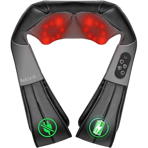 Nekteck Neck Back Massager with Heat, Cordless Shiatsu Shoulder Massager for Pain Relief Deep Tissue, Electric 3D Kneading Massage Pillow for Body Muscle