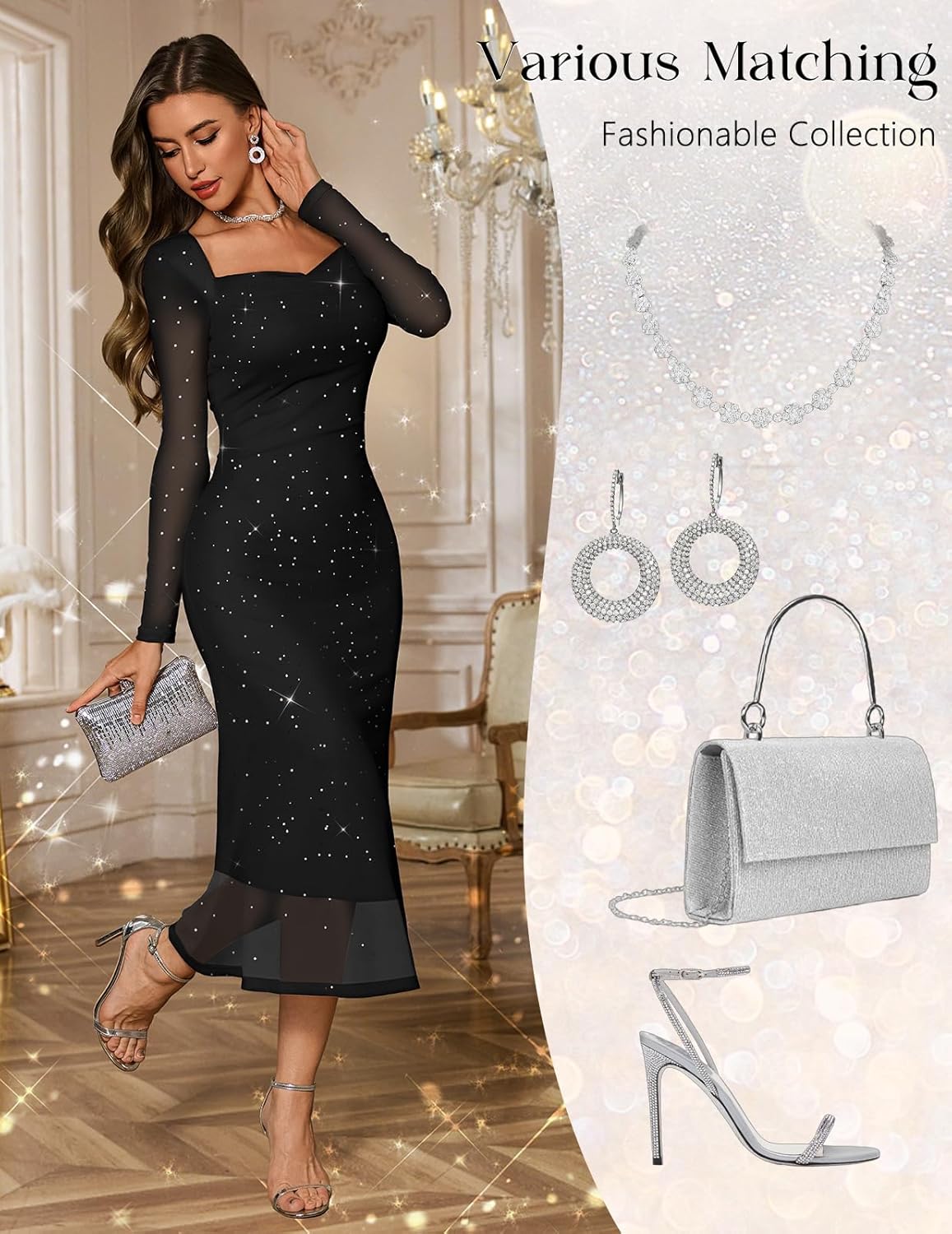 DRESSTELLS Women's Formal Wedding Guest Cocktail Party Sequin Sparkly Mesh Long Bodycon Dress - Image 4