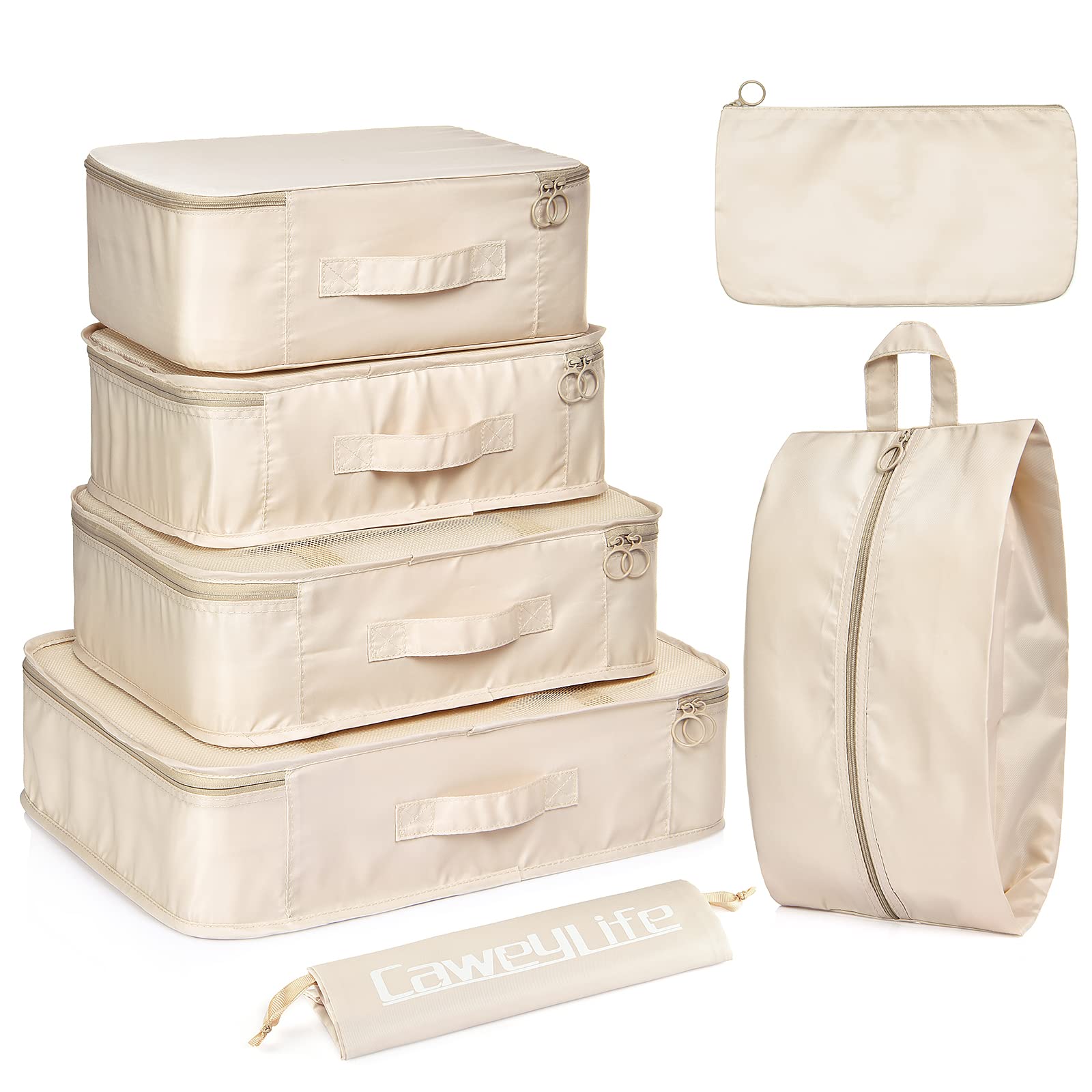 CaweyLife 7 Pcs Set Packing Cubes Traveling Luggage Organizers Pack Bags for 24in Suitcase Travel Accessories (7 Pcs, Beige)-image-11