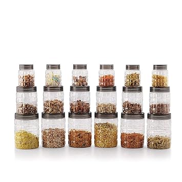 CELLO Checkers PET Canister Set of 18 (300ml x 6, 650ml x 6, 1200 x 6), Transparent| Food grade | Stackable | For Grains, Pulses, Spice, Cereals, Cookies, Dry Fruits | Fridge Storage Container - image, photos