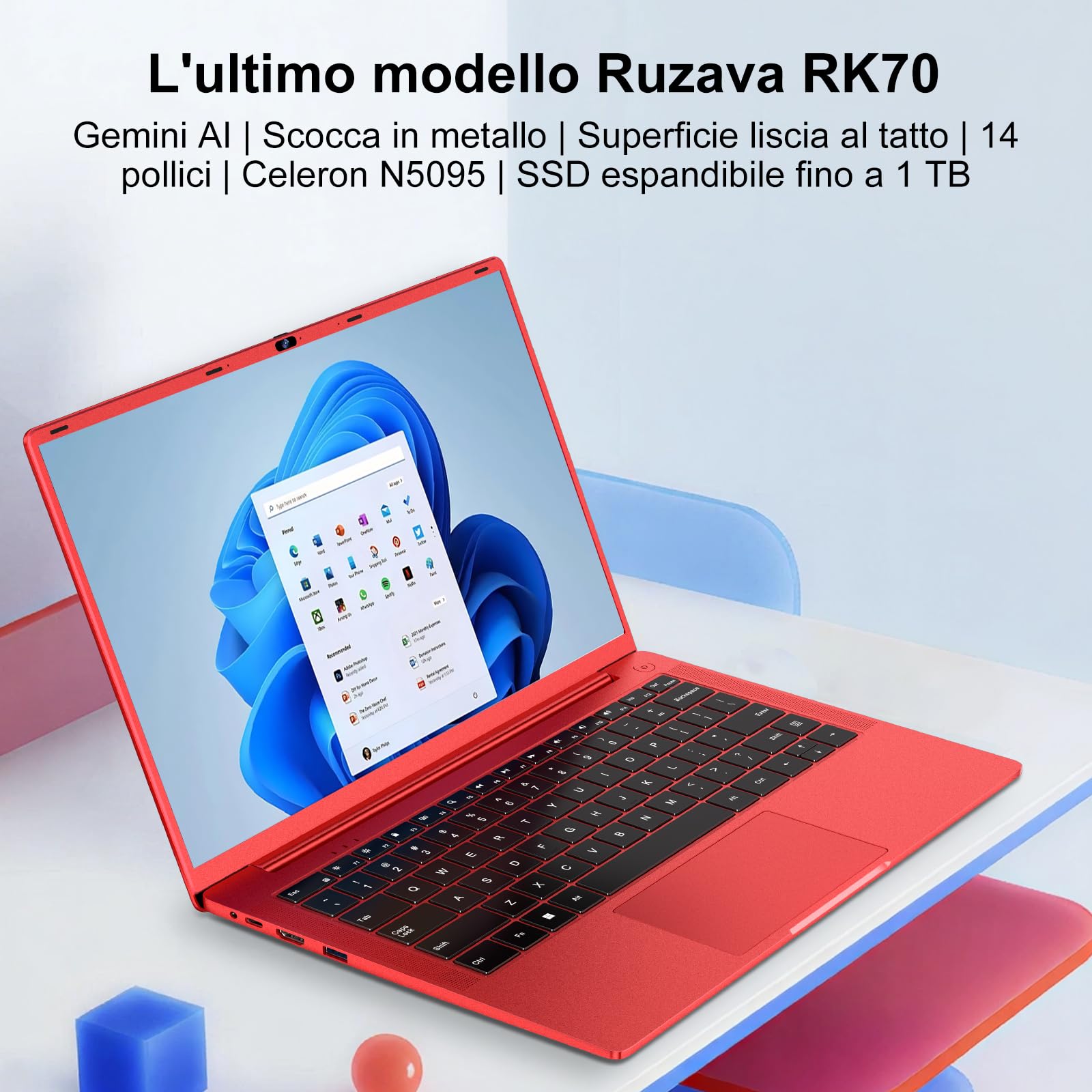 Pc Portatile 14 Pollici Win11 Notebook Celeron N5095 Upto 2,9 GHz Notebook 8GB RAM 256GB SSD TF 1TB LPDDR4 5G WiFi 1920*1080 FHD USB 3.0 Laptop QWERTY Tastiera Film Italiana - Rosso Corpo in Metallo-9