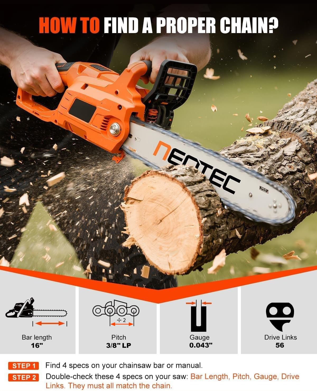 Close-up view of the NEO-TEC chainsaw chain links, highlighting the semi-chisel teeth and drive mechanism.