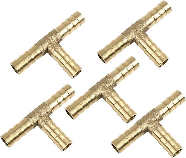 X AUTOHAUX 8mm Hose Barb Brass Joiner Tee 3 Way Adaptor for Air Water Oil 5pcs