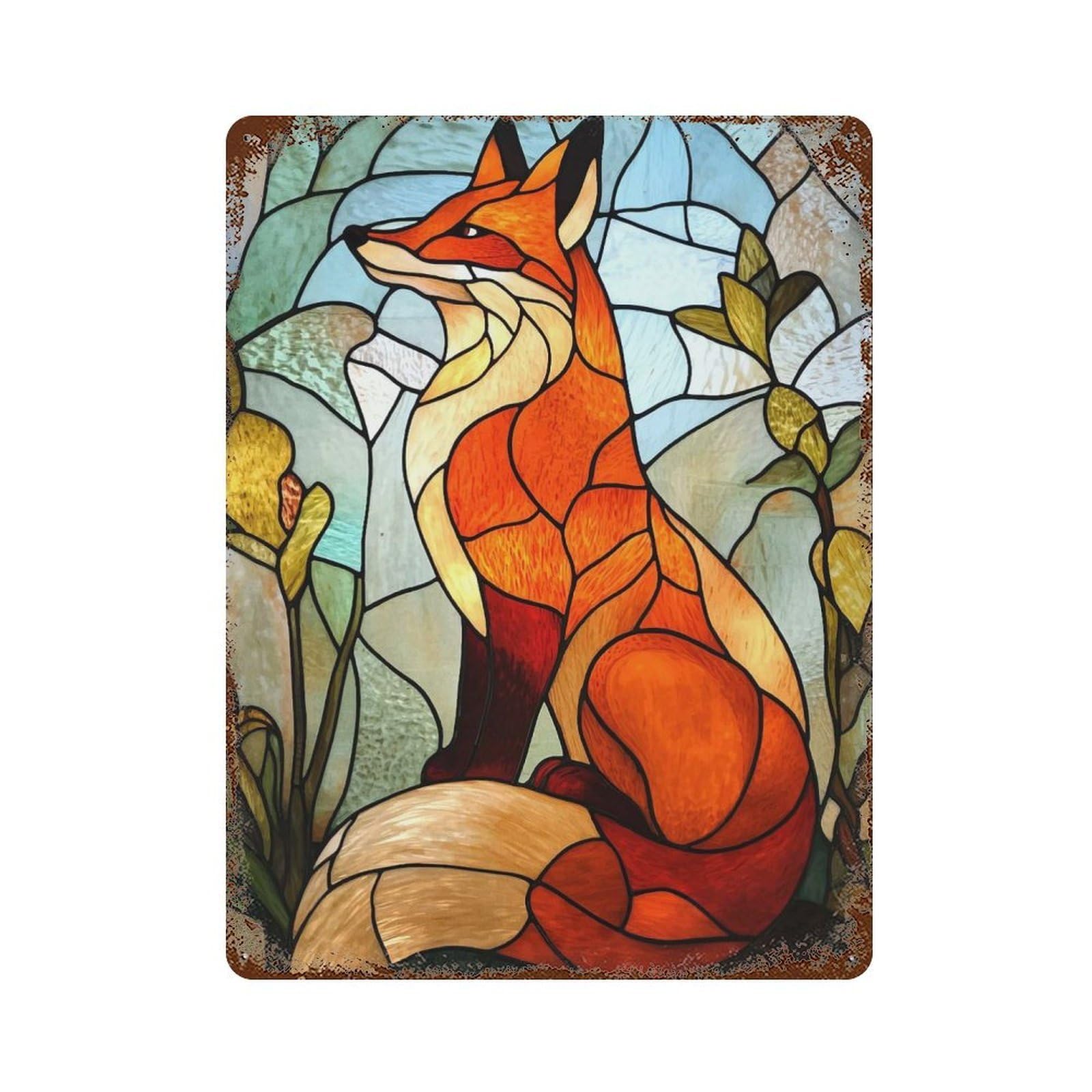 Stained Glass Fox Weathered Tin Sign 15.7"x11.8", Retro Wall Decor for Pub, Kitchen And Man Cave Decor