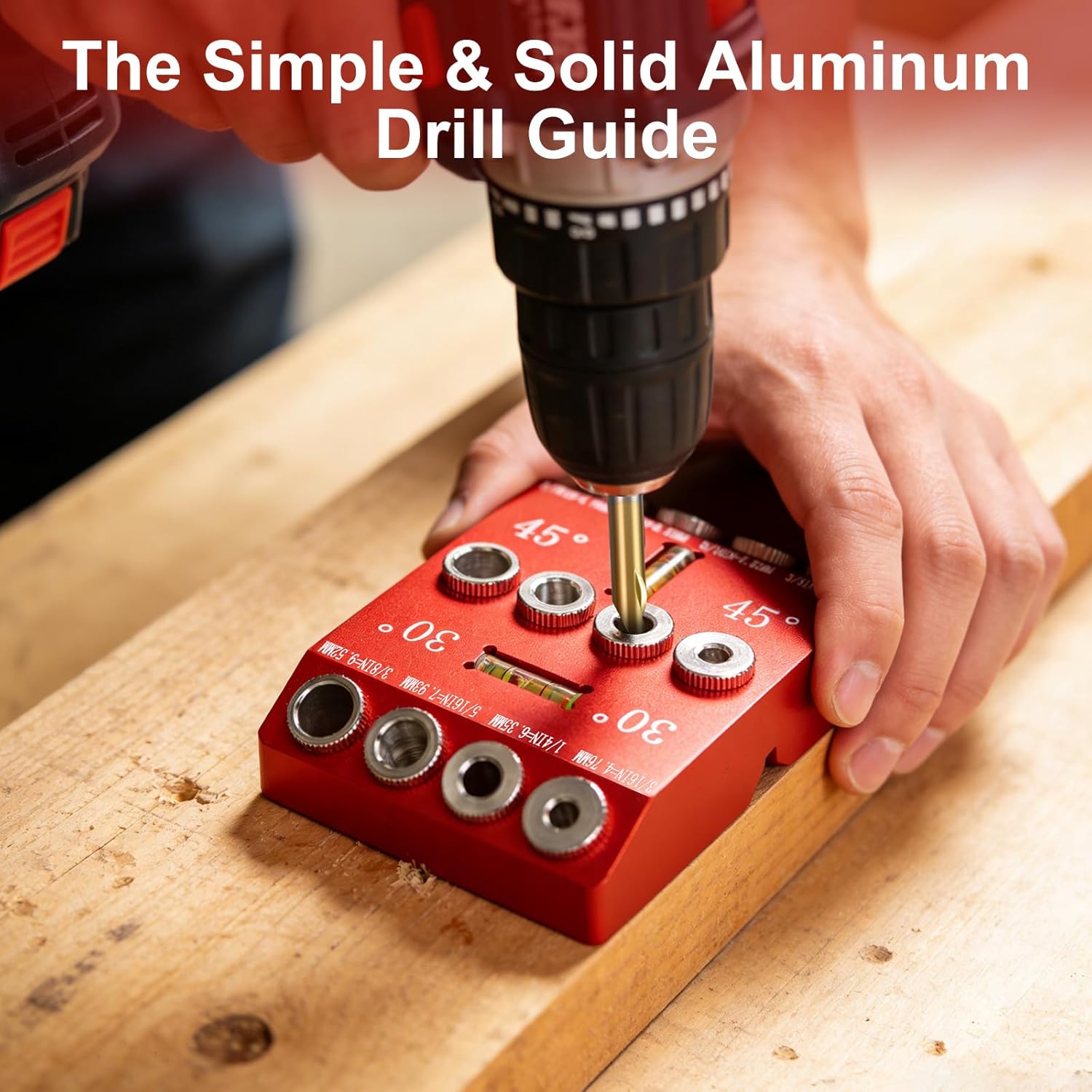 30/45/90° Angle Drill Guide Jig, Drill Guide for Straight or Angled Holes with Bubble Level, Portable Metal Drill Guide for Wood, Deck Railings, Posts, Includes 4 Drill Bits