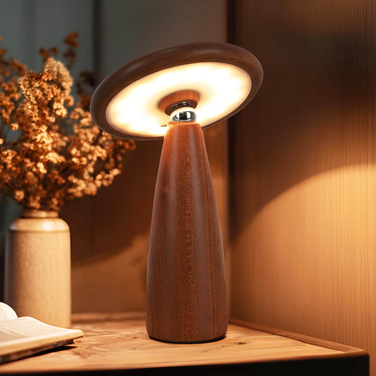 LONRISWAY LED Wood Portable Cordless Touch Switch Small Wooden Mushroom Lamp,Rechargeable Battery Operated, Stepless Dimming, 360 Degree Rotation Angle Adjustable Night Light