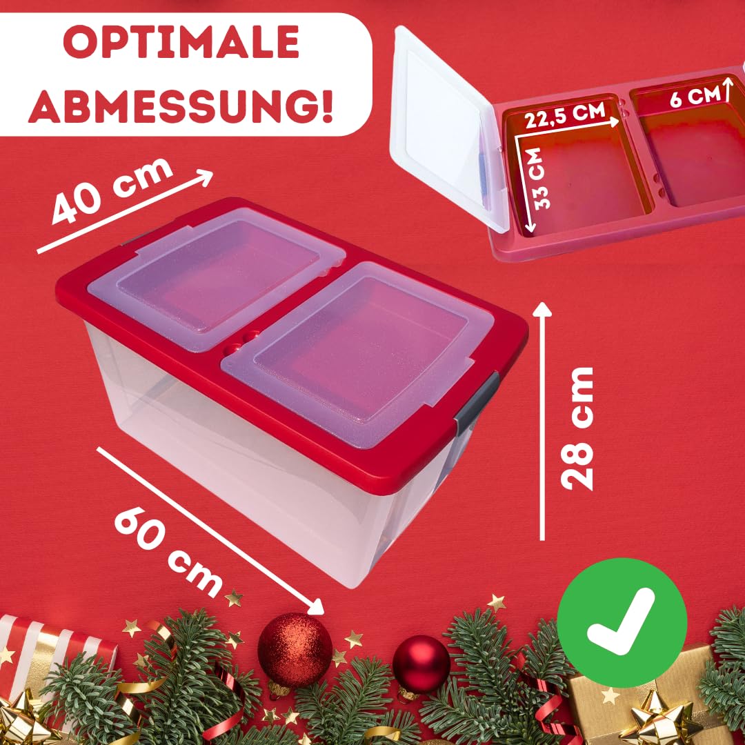 Weihnachtskugeln Aufbewahrungsbox für 71 Kugeln | Extrafach im Deckel | Große & stabile Glitzer-Weihnachtsbox | Verschließbarer Deckel | Christbaumkugeln | Christbaumschmuck | Deko