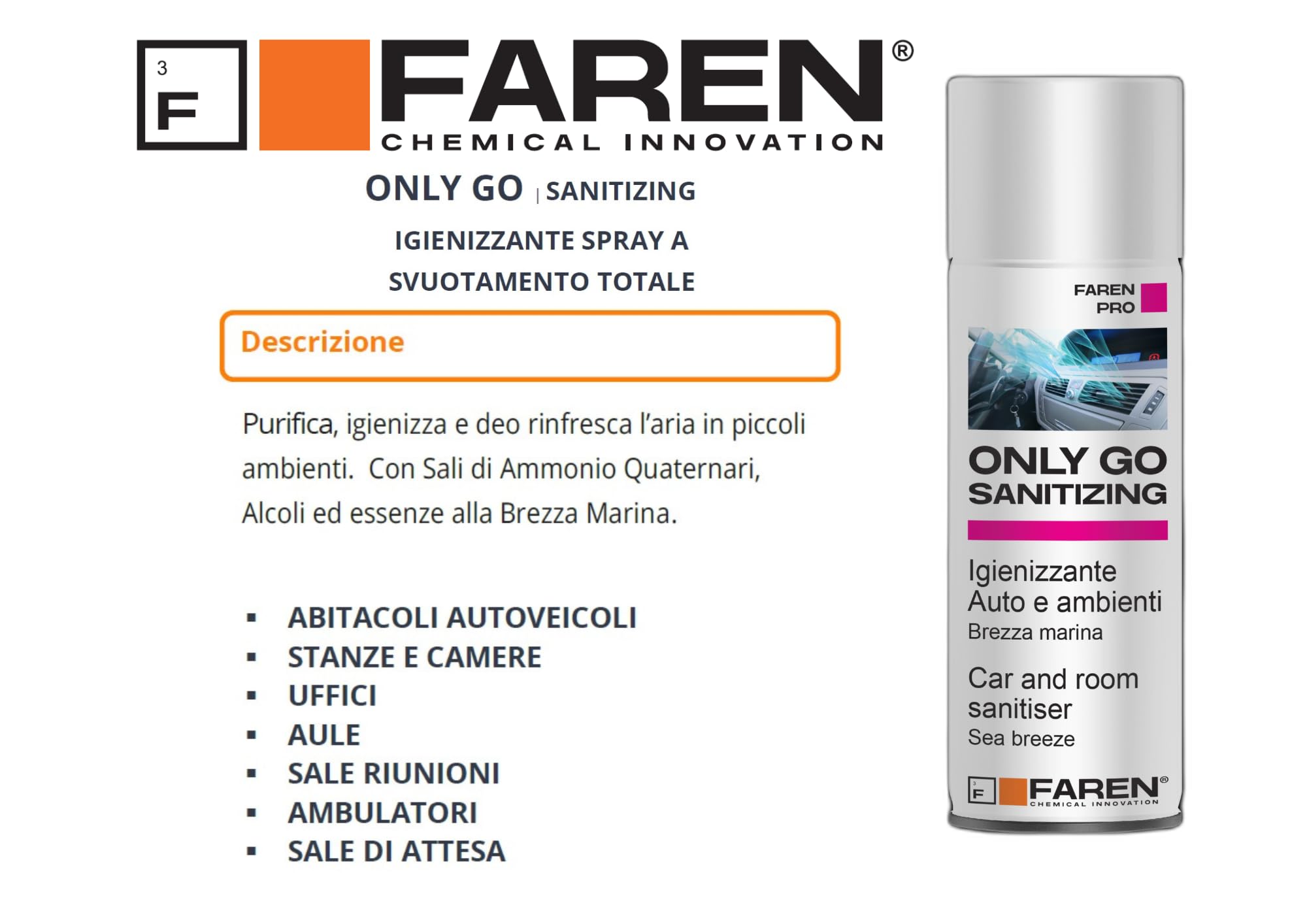 Faren ONLY GO, Igienizzante Auto e Ambienti Spray, purifica e deo rinfresca l'aria in piccoli ambienti, 200ml (12)